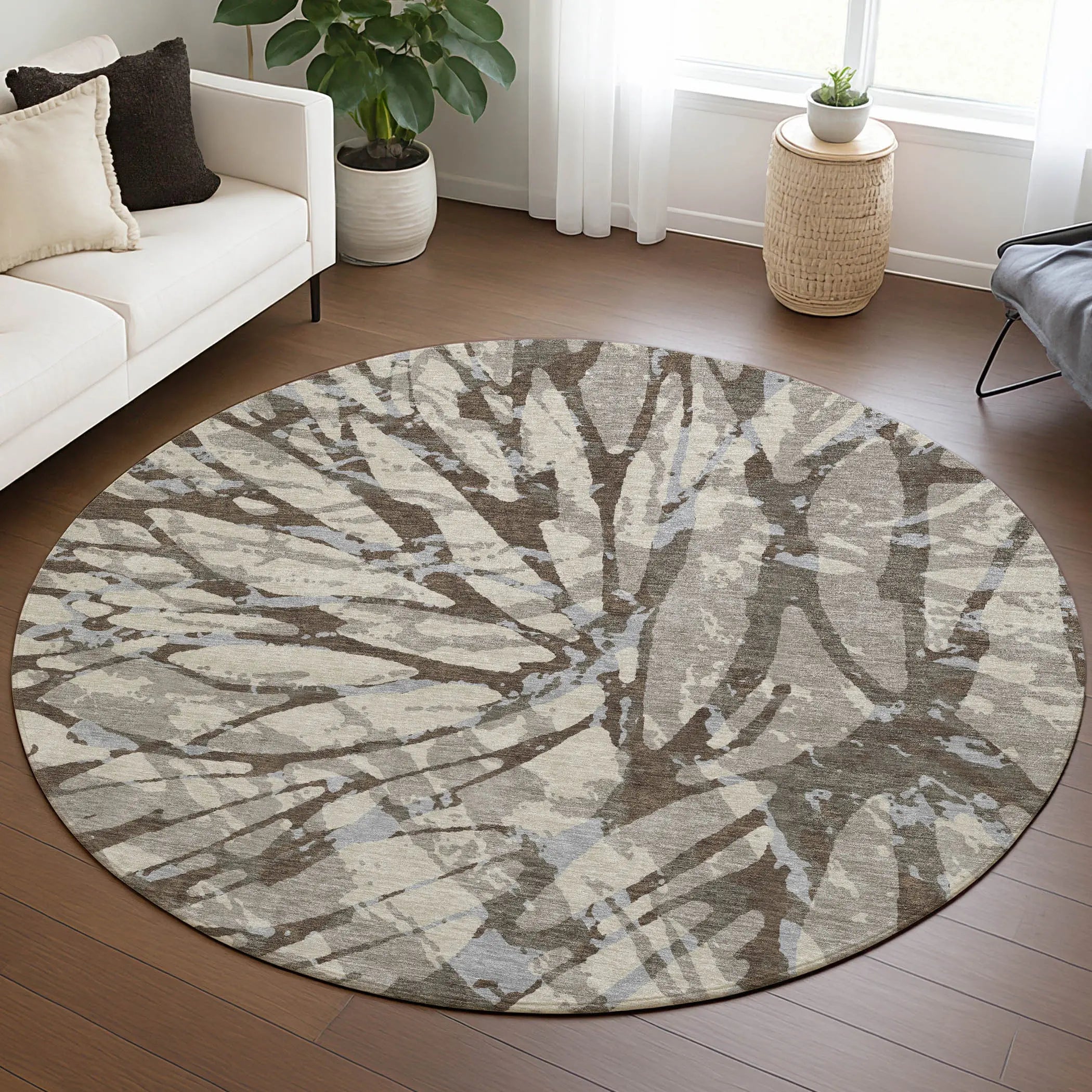 8' Taupe And Teal Blue Round Abstract Washable Indoor Outdoor Area Rug Homeroots Outdoor
