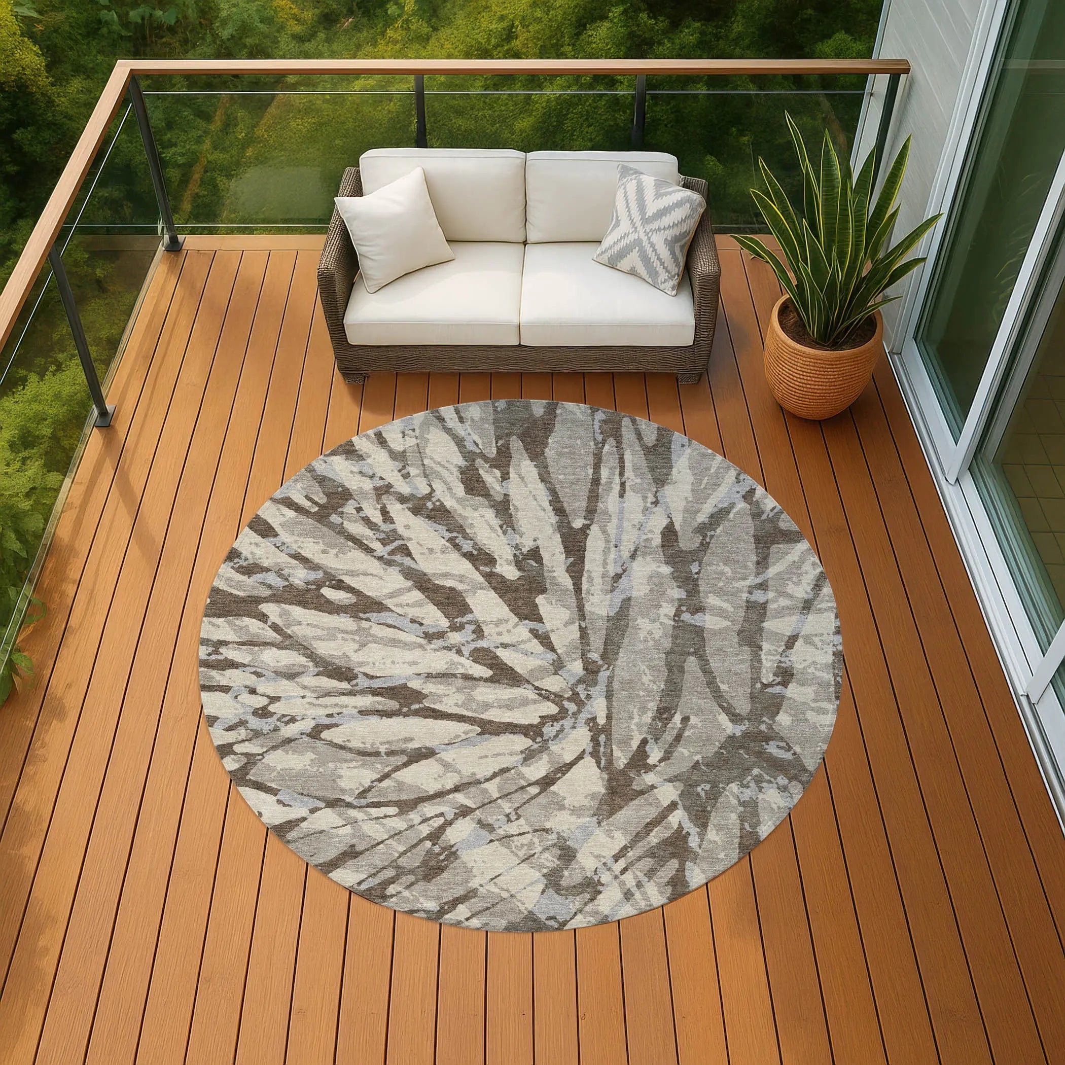 8' Taupe And Teal Blue Round Abstract Washable Indoor Outdoor Area Rug Homeroots Outdoor