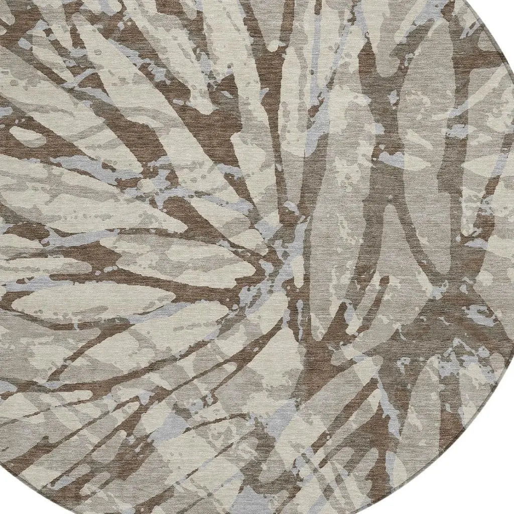 8' Taupe And Teal Blue Round Abstract Washable Indoor Outdoor Area Rug Homeroots Outdoor
