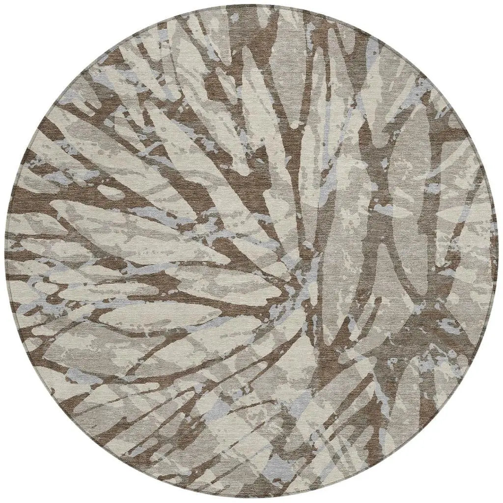 8' Taupe And Teal Blue Round Abstract Washable Indoor Outdoor Area Rug Homeroots Outdoor