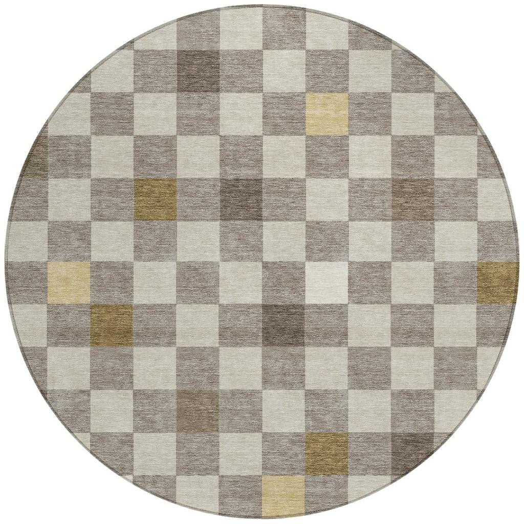 8' Taupe And Teal Blue Round Geometric Washable Indoor Outdoor Area Rug Homeroots Outdoor
