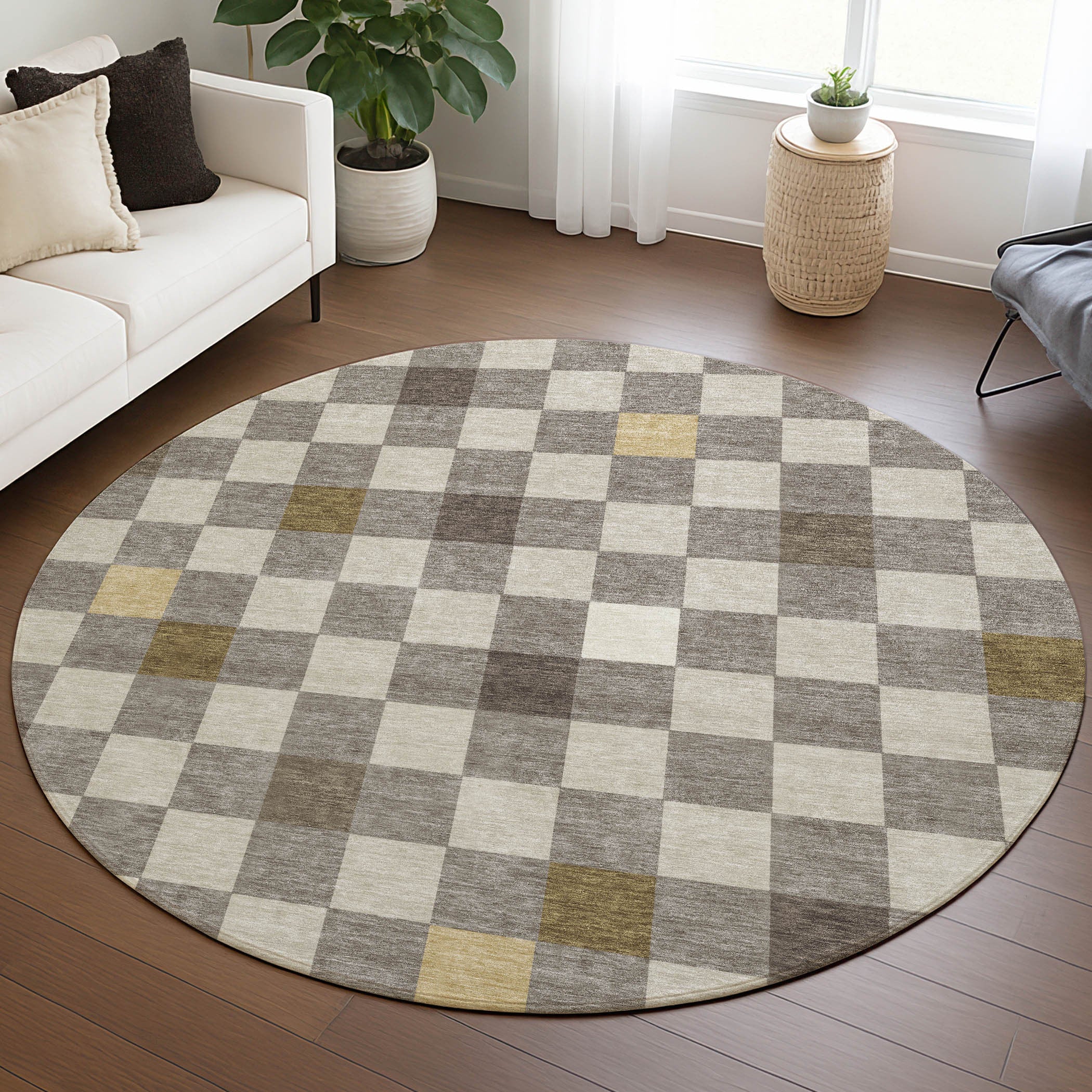 8' Taupe And Teal Blue Round Geometric Washable Indoor Outdoor Area Rug Homeroots Outdoor