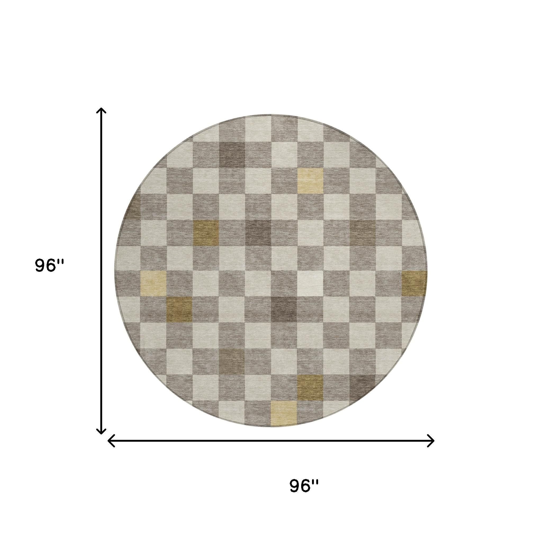 8' Taupe And Teal Blue Round Geometric Washable Indoor Outdoor Area Rug Homeroots Outdoor
