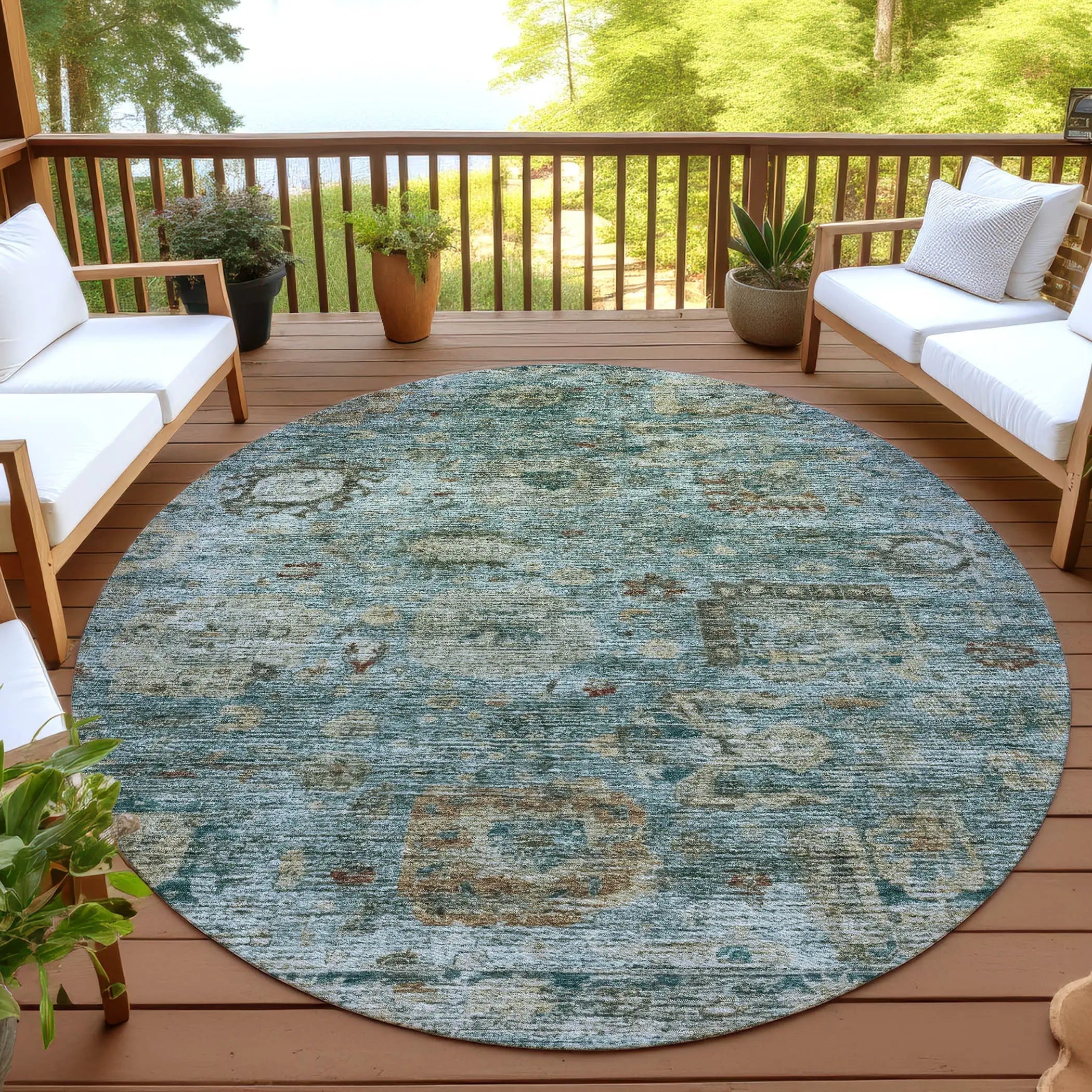 8' Teal Blue And Aqua Round Abstract Washable Indoor Outdoor Area Rug Homeroots Outdoor