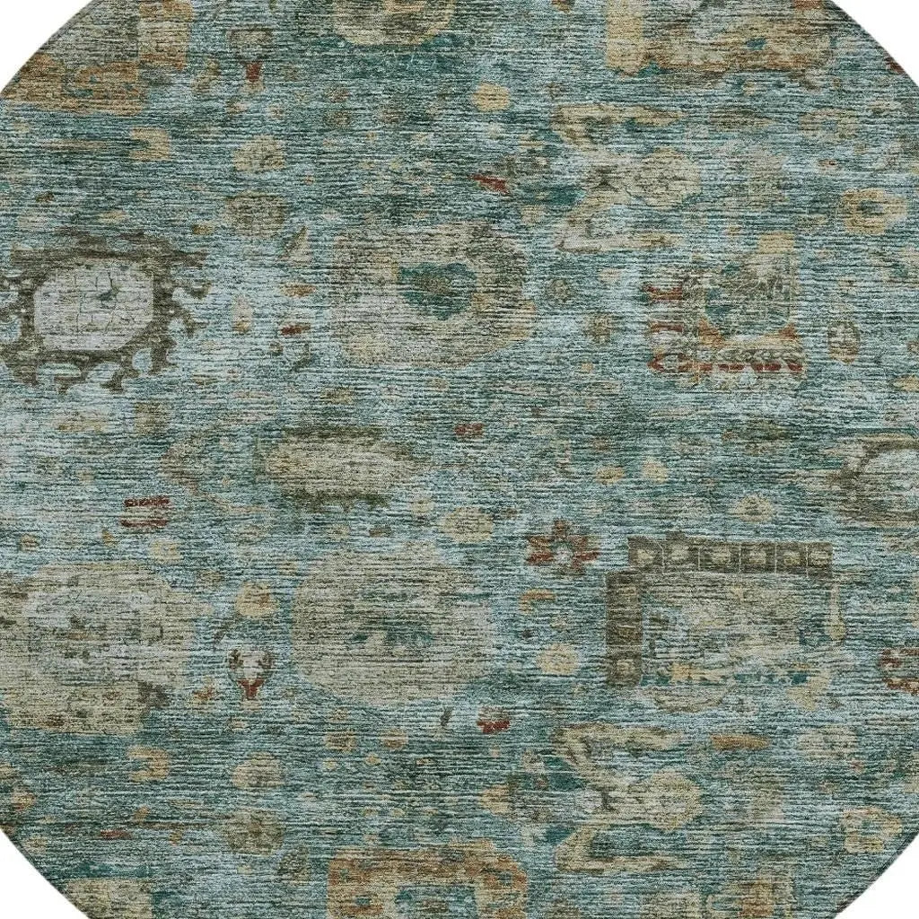 8' Teal Blue And Aqua Round Abstract Washable Indoor Outdoor Area Rug Homeroots Outdoor