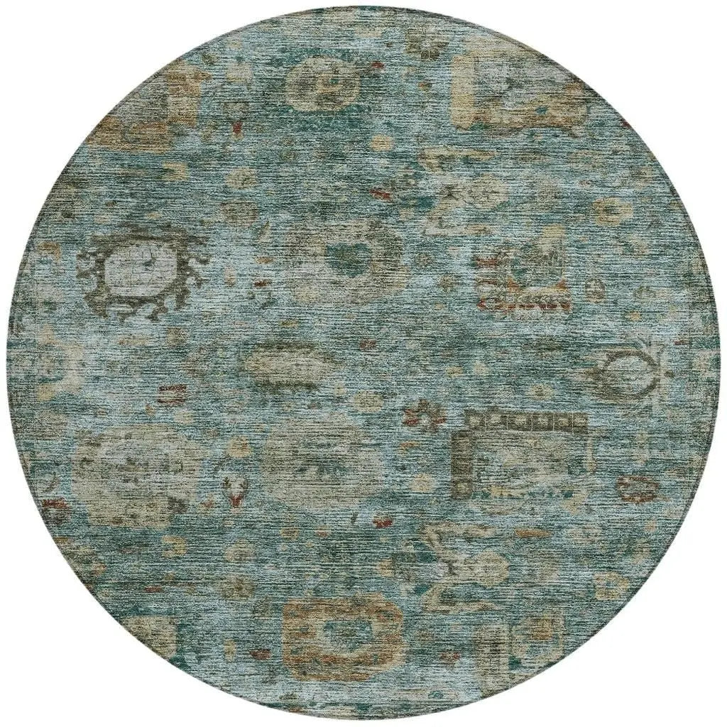 8' Teal Blue And Aqua Round Abstract Washable Indoor Outdoor Area Rug Homeroots Outdoor