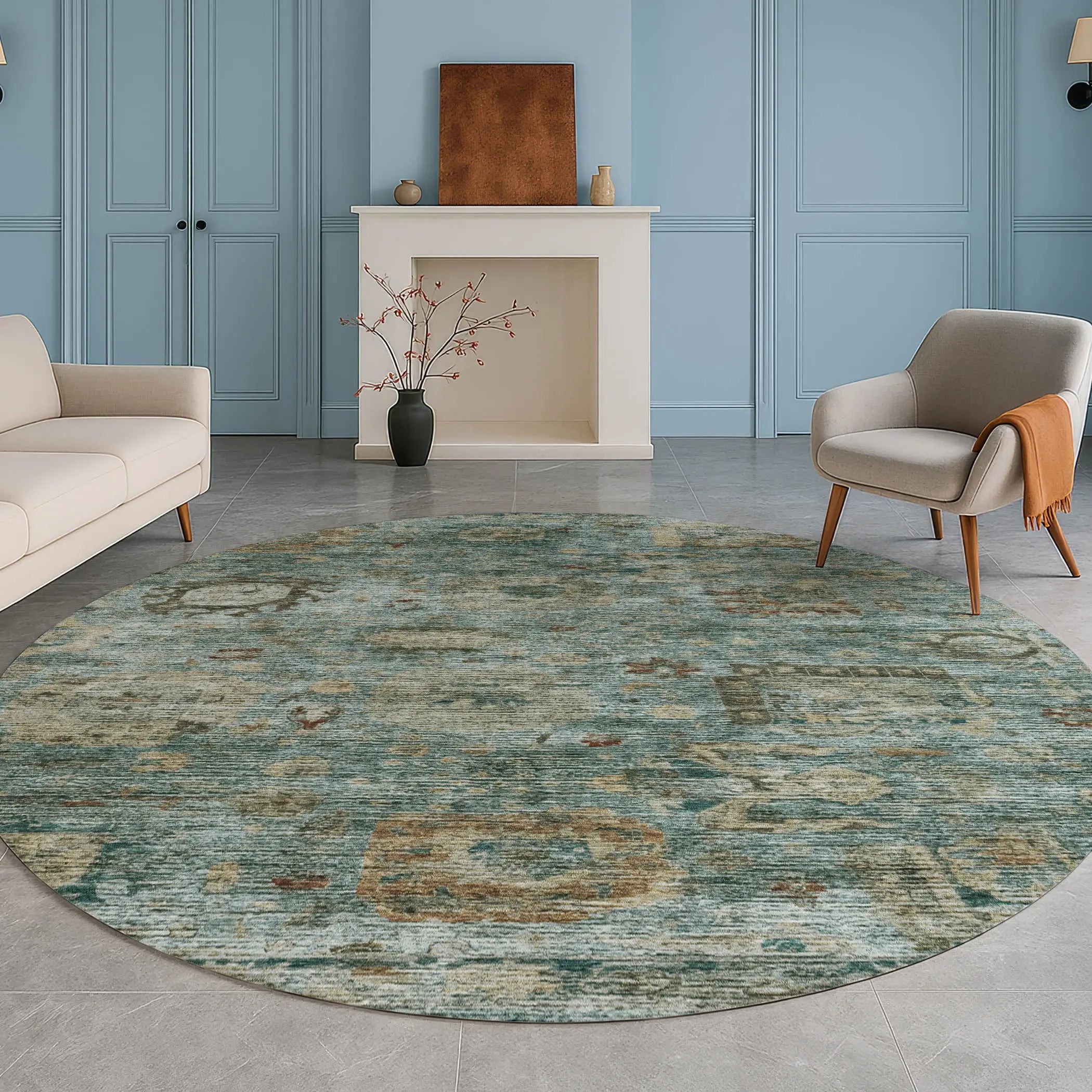 8' Teal Blue And Aqua Round Abstract Washable Indoor Outdoor Area Rug Homeroots Outdoor