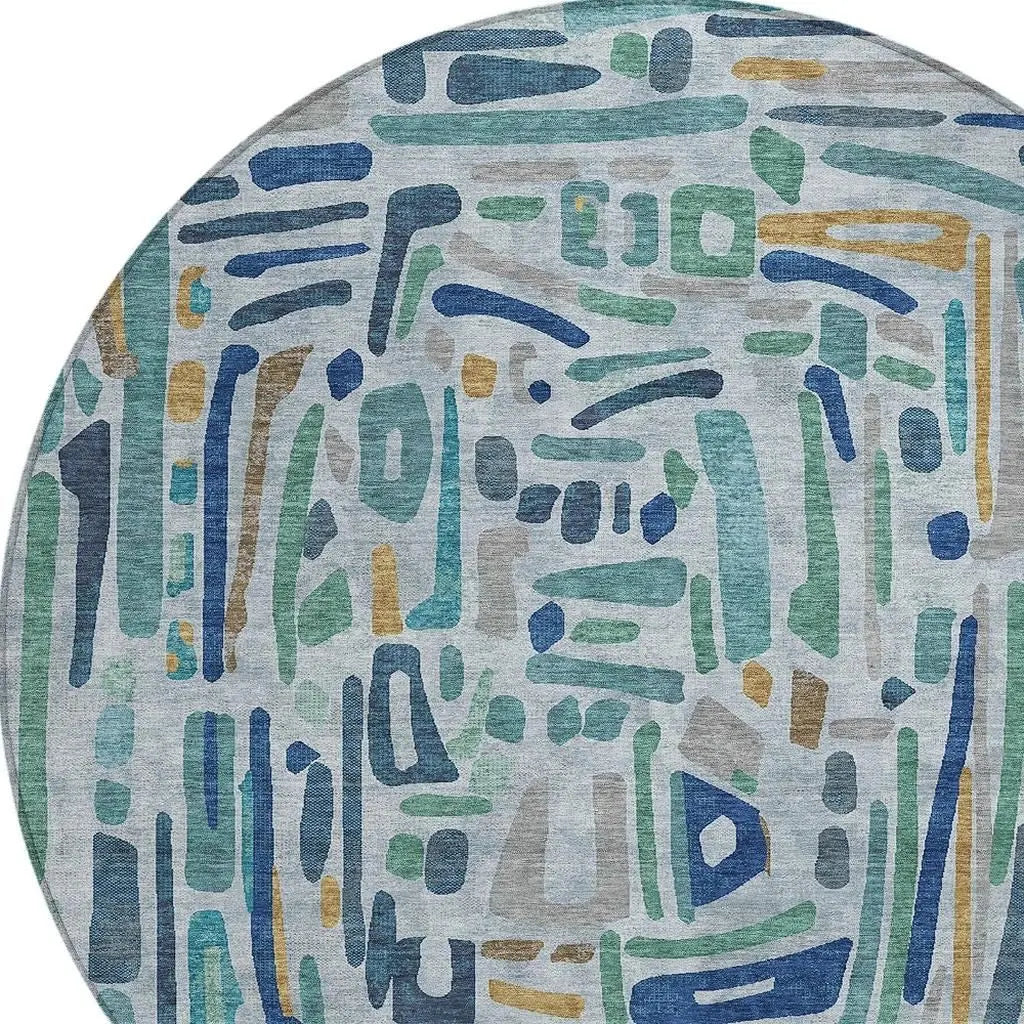 8' Teal Blue And Aqua Round Abstract Washable Indoor Outdoor Area Rug Homeroots Outdoor