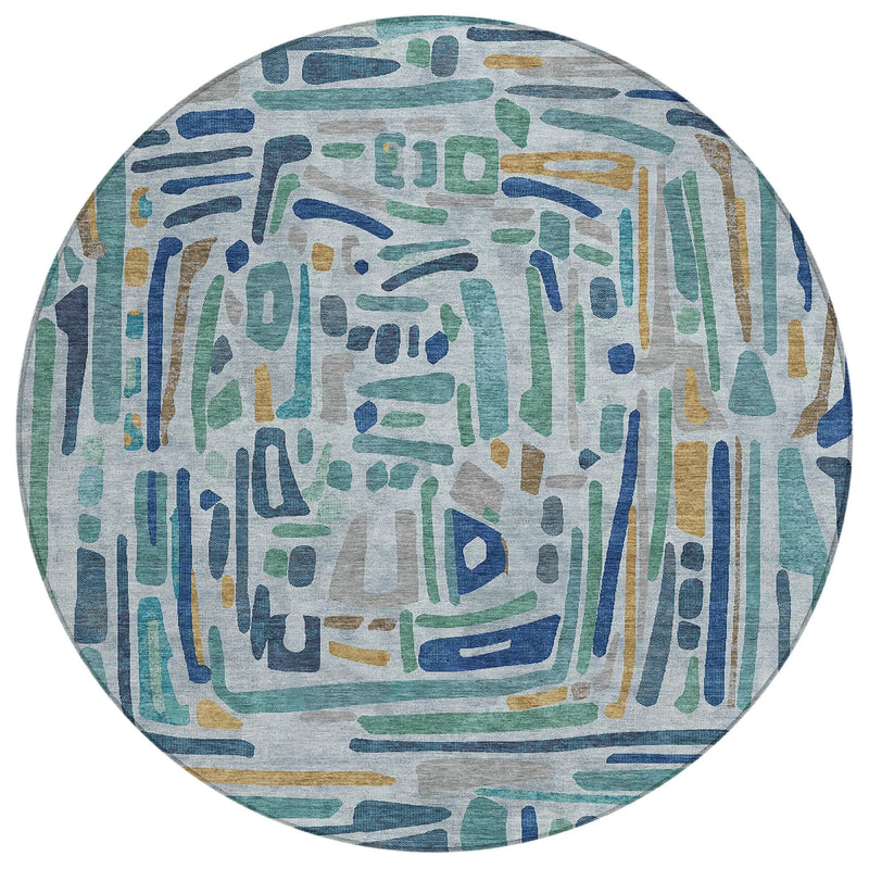 8' Teal Blue And Aqua Round Abstract Washable Indoor Outdoor Area Rug Homeroots Outdoor