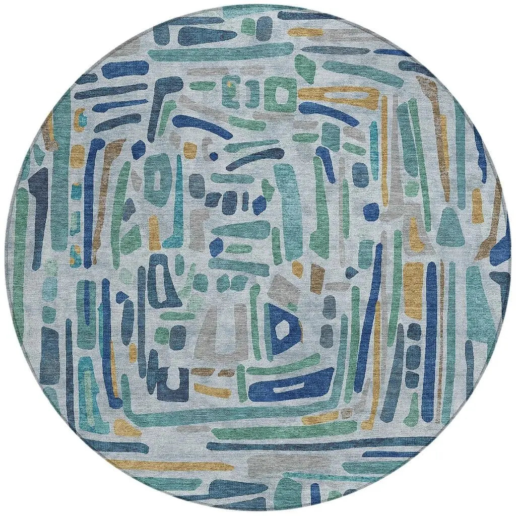 8' Teal Blue And Aqua Round Abstract Washable Indoor Outdoor Area Rug Homeroots Outdoor