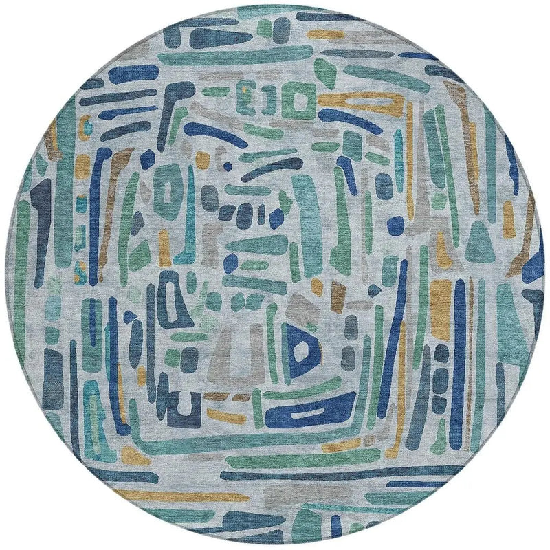 8' Teal Blue And Aqua Round Abstract Washable Indoor Outdoor Area Rug Homeroots Outdoor