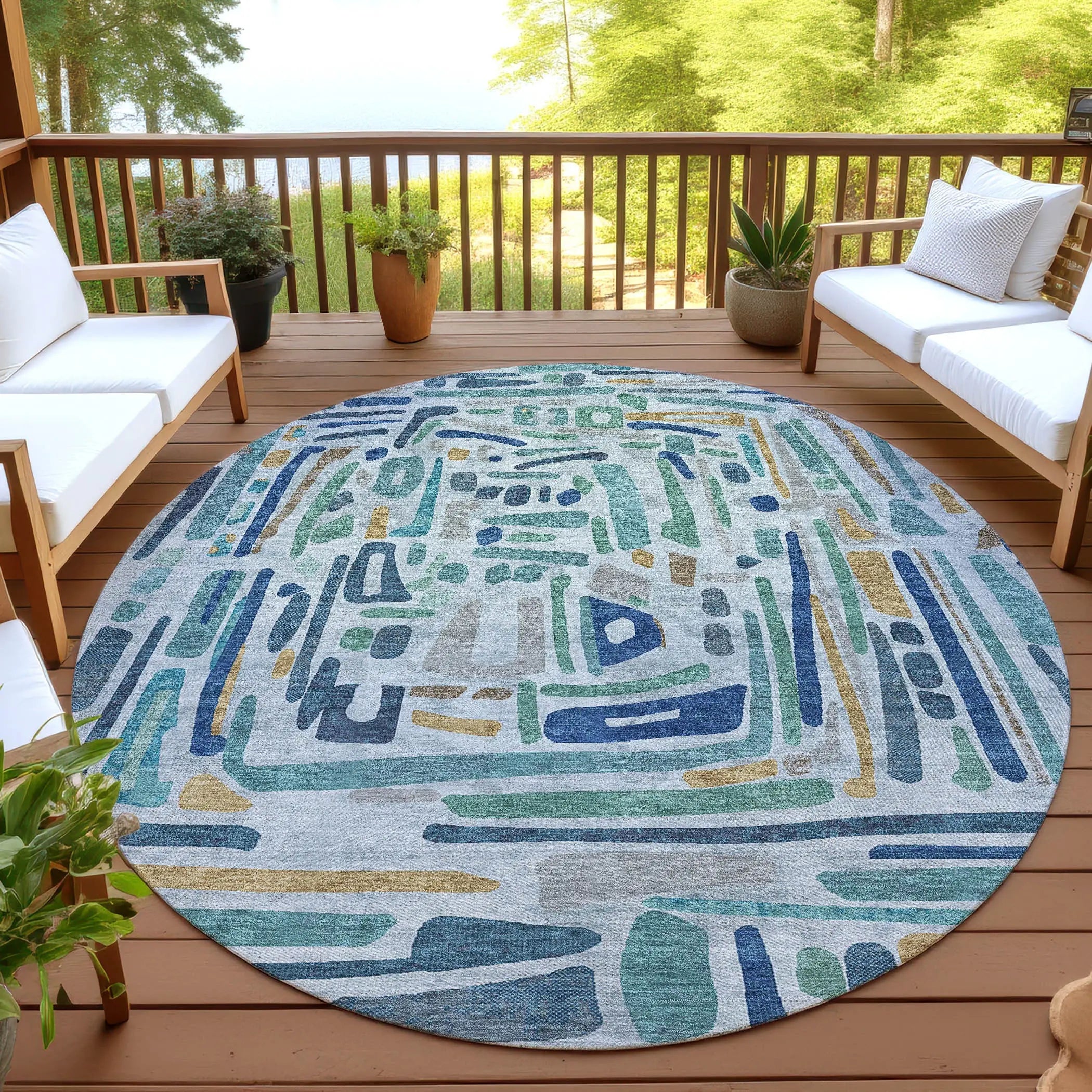 8' Teal Blue And Aqua Round Abstract Washable Indoor Outdoor Area Rug Homeroots Outdoor