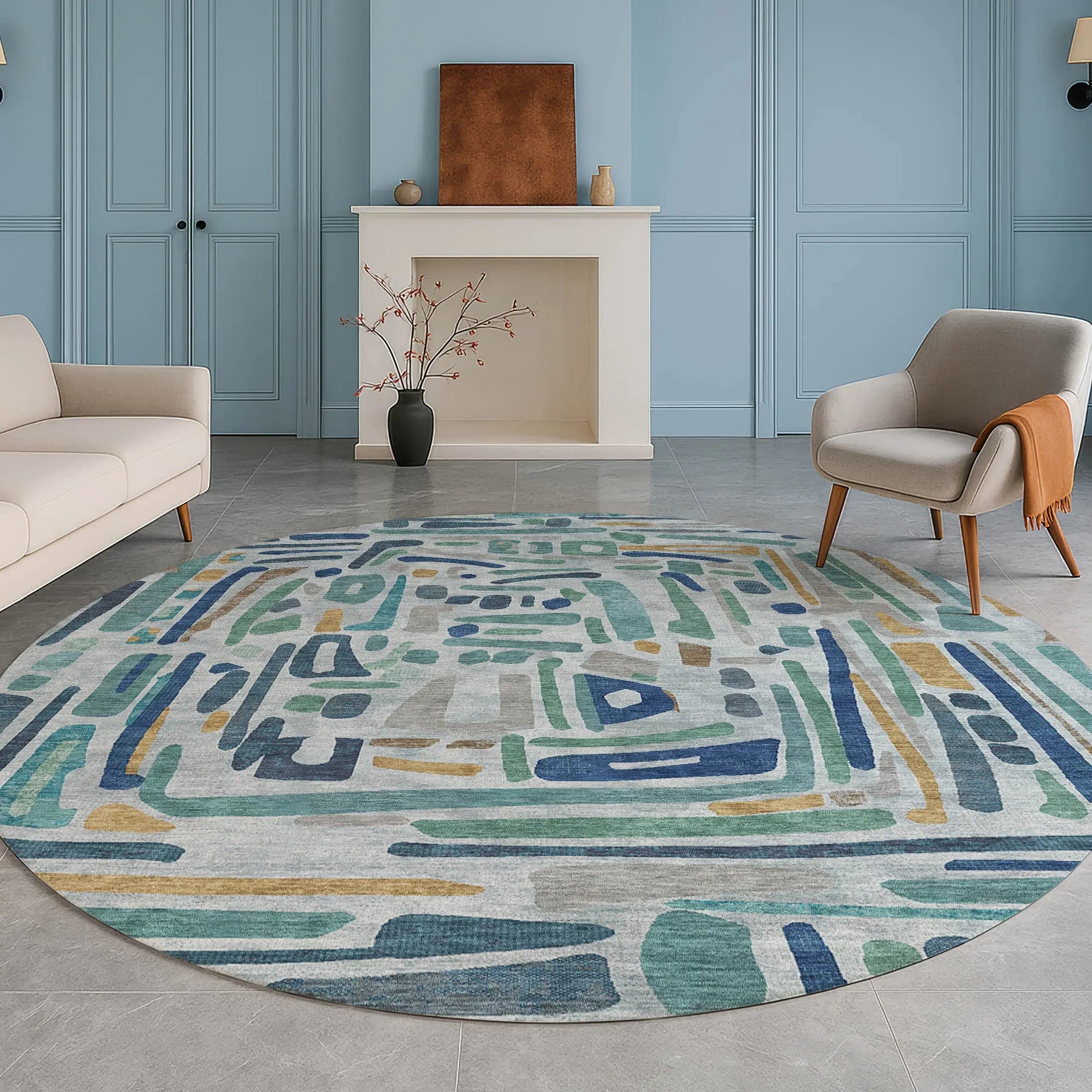 8' Teal Blue And Aqua Round Abstract Washable Indoor Outdoor Area Rug Homeroots Outdoor