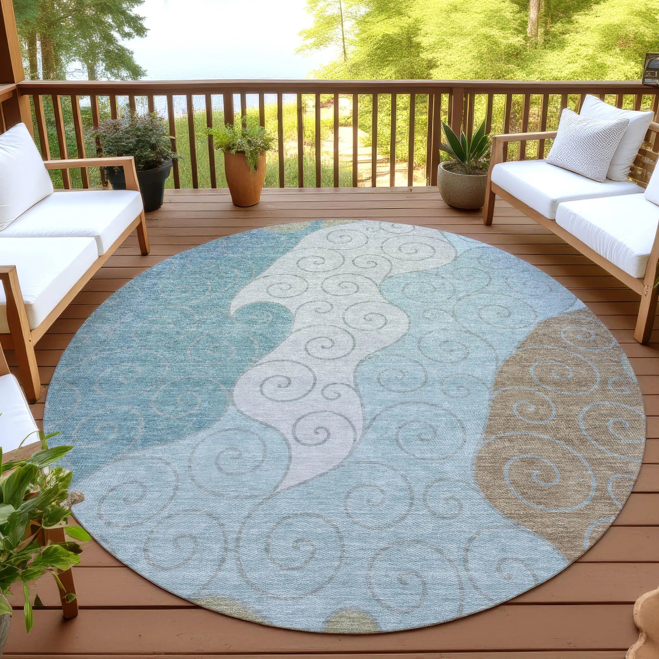 8' Teal Blue And Aqua Round Abstract Washable Indoor Outdoor Area Rug Homeroots Outdoor