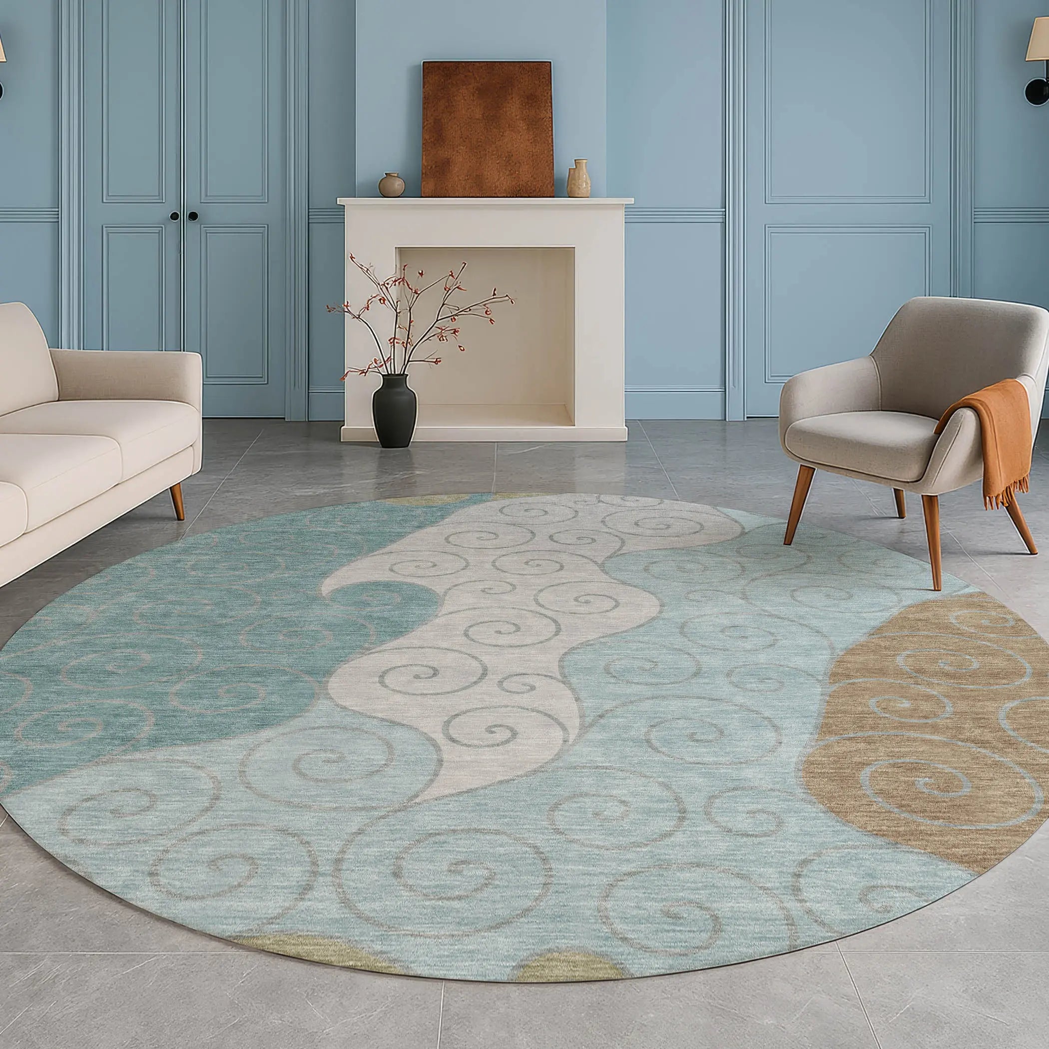8' Teal Blue And Aqua Round Abstract Washable Indoor Outdoor Area Rug Homeroots Outdoor