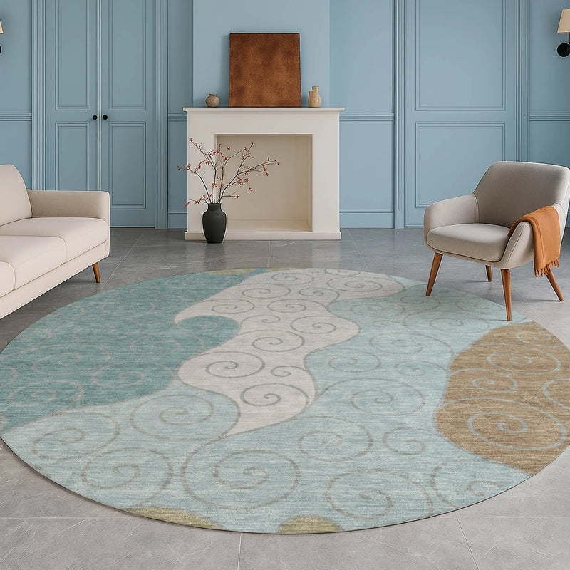 8' Teal Blue And Aqua Round Abstract Washable Indoor Outdoor Area Rug Homeroots Outdoor