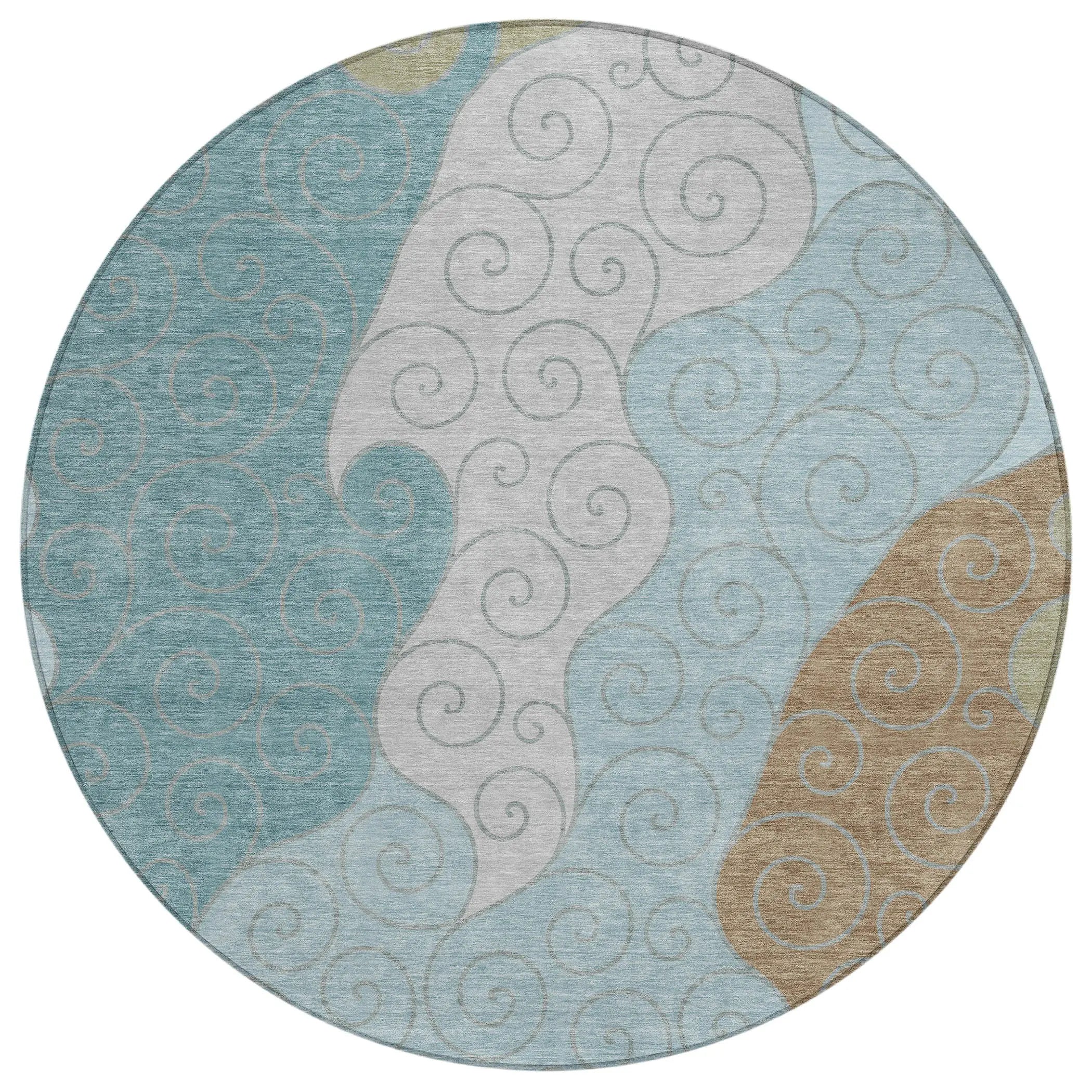 8' Teal Blue And Aqua Round Abstract Washable Indoor Outdoor Area Rug Homeroots Outdoor