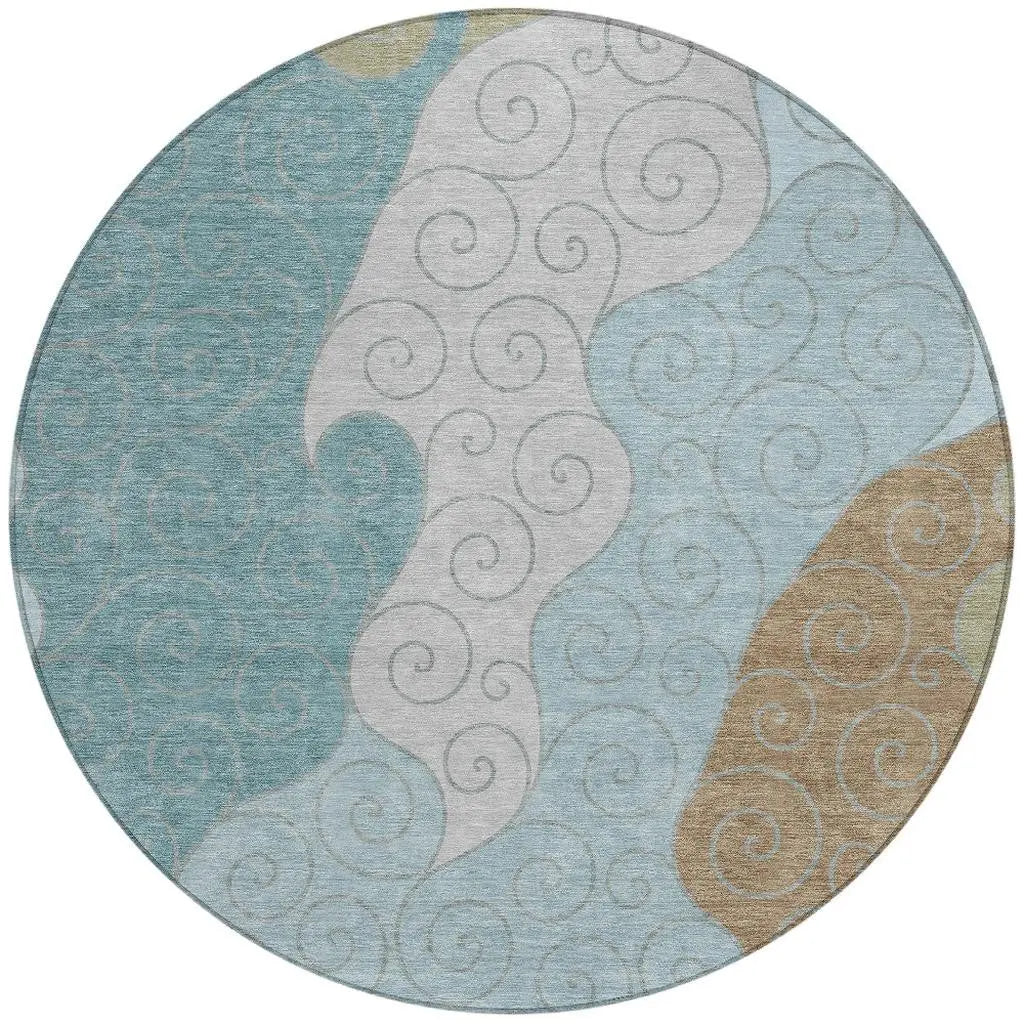8' Teal Blue And Aqua Round Abstract Washable Indoor Outdoor Area Rug Homeroots Outdoor