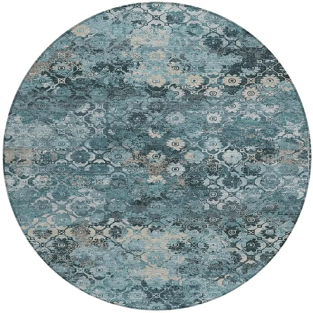 8' Teal Blue And Aqua Round Abstract Washable Indoor Outdoor Area Rug Homeroots Outdoor