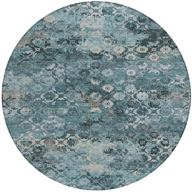 8' Teal Blue And Aqua Round Abstract Washable Indoor Outdoor Area Rug Homeroots Outdoor