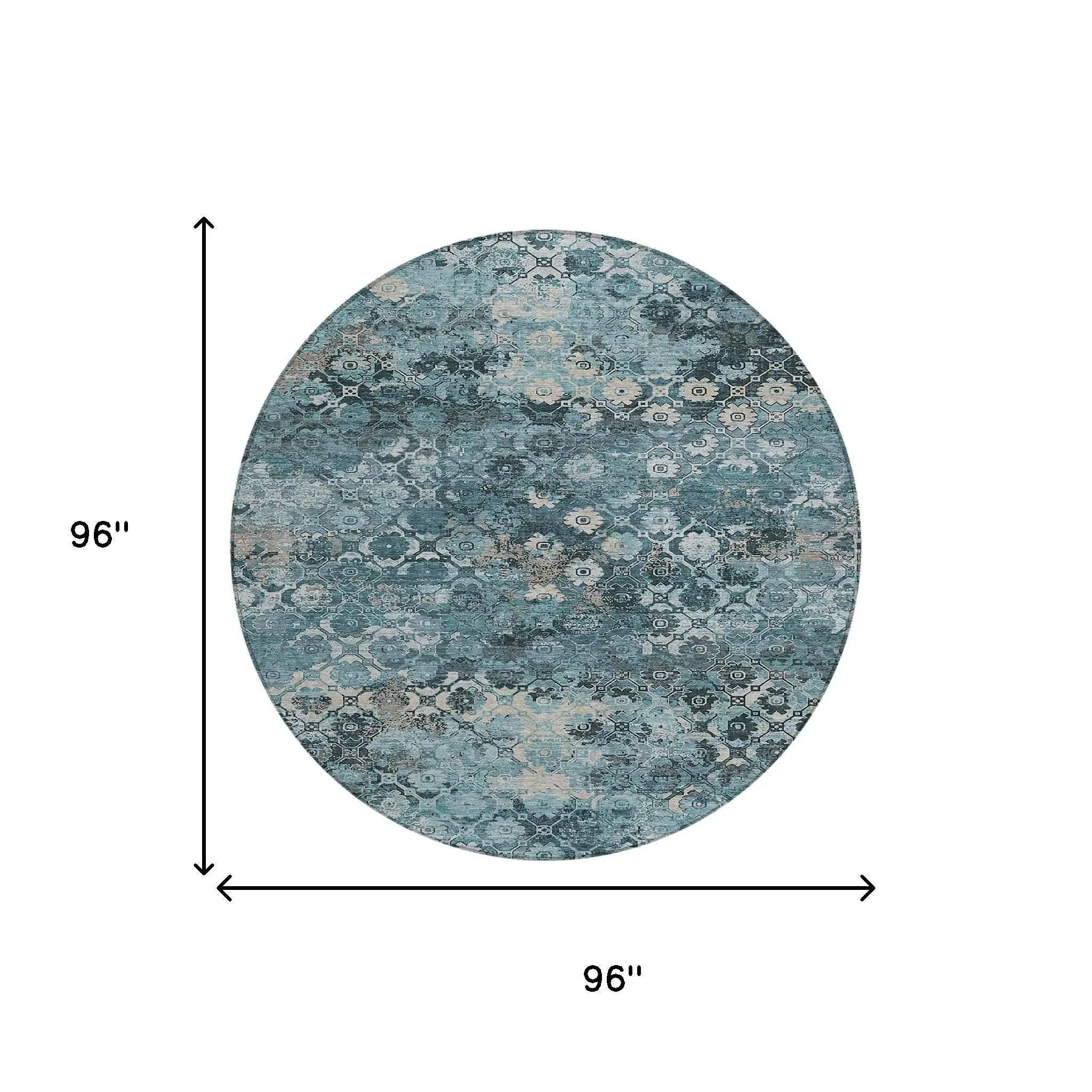 8' Teal Blue And Aqua Round Abstract Washable Indoor Outdoor Area Rug Homeroots Outdoor