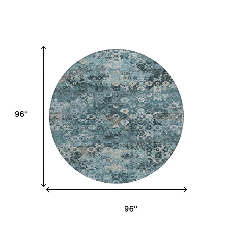 8' Teal Blue And Aqua Round Abstract Washable Indoor Outdoor Area Rug Homeroots Outdoor