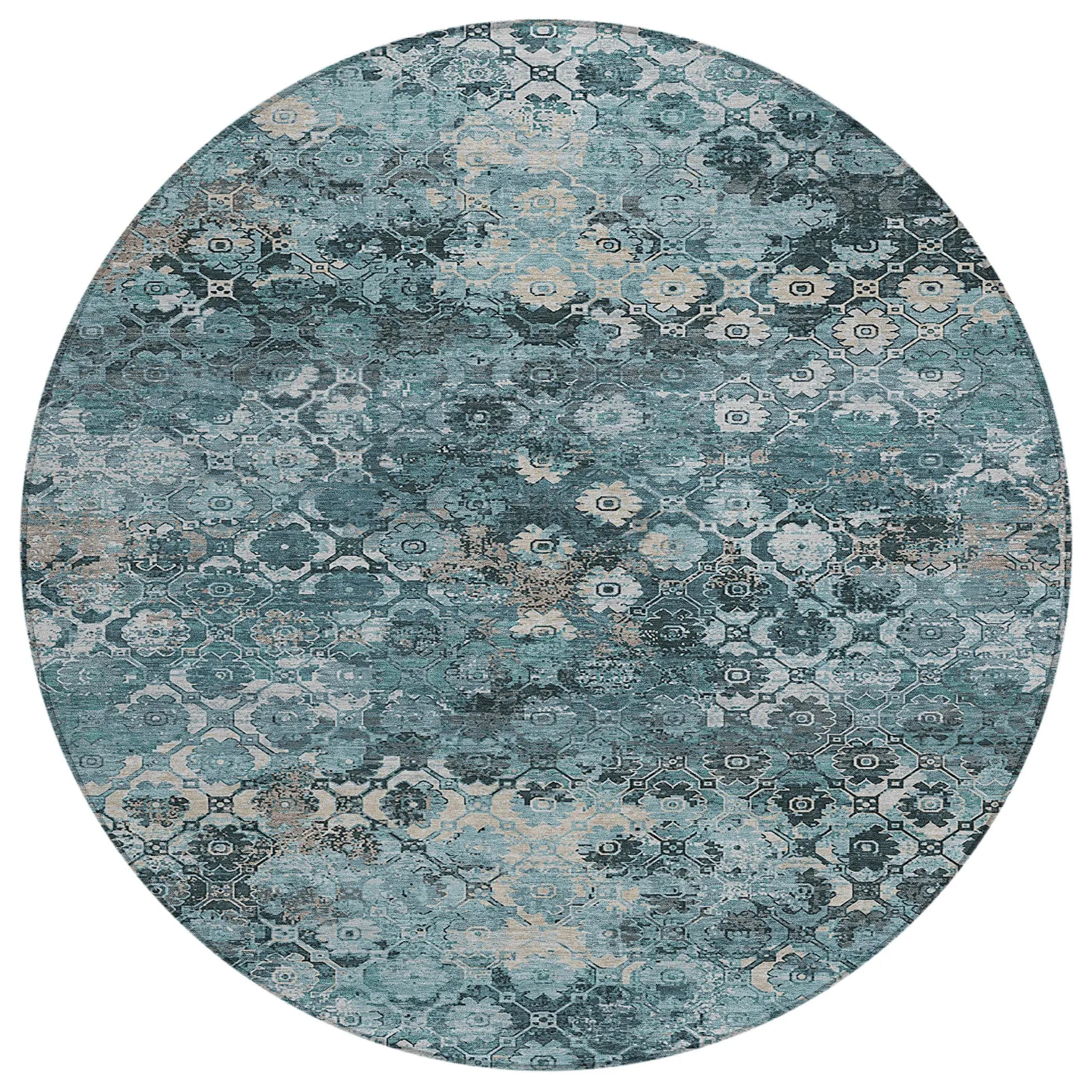 8' Teal Blue And Aqua Round Abstract Washable Indoor Outdoor Area Rug Homeroots Outdoor