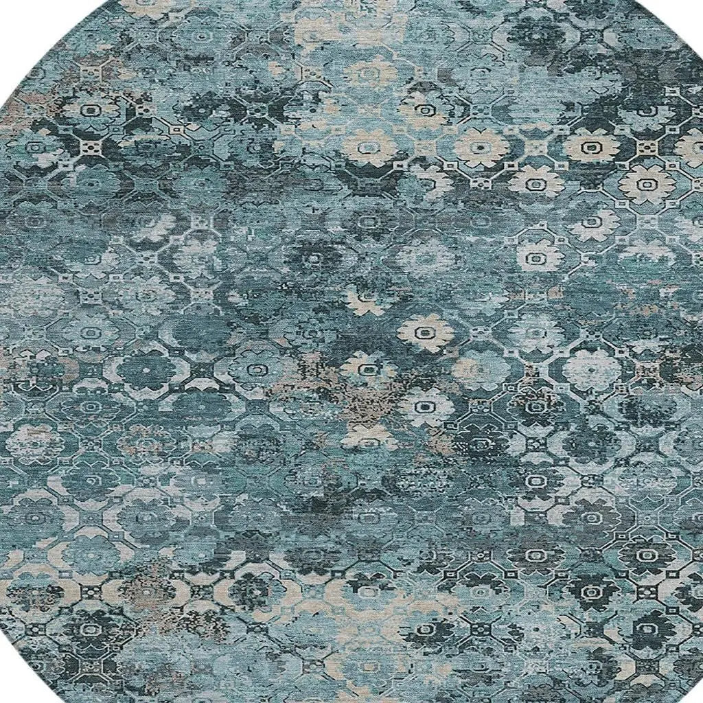 8' Teal Blue And Aqua Round Abstract Washable Indoor Outdoor Area Rug Homeroots Outdoor