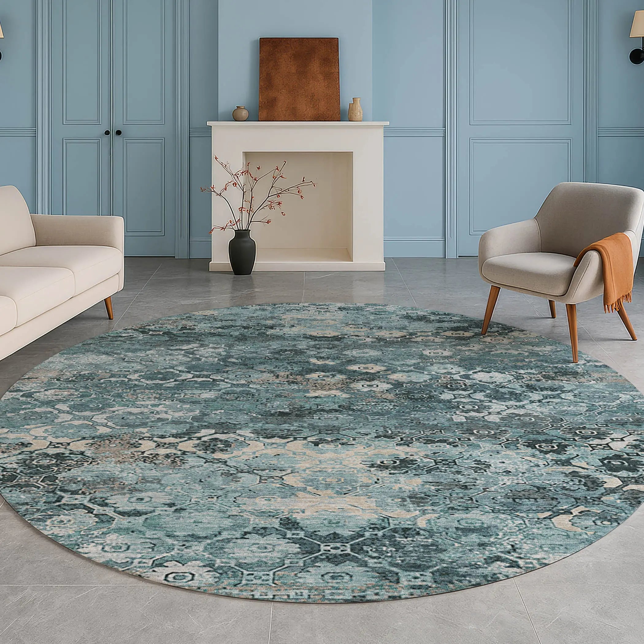 8' Teal Blue And Aqua Round Abstract Washable Indoor Outdoor Area Rug Homeroots Outdoor