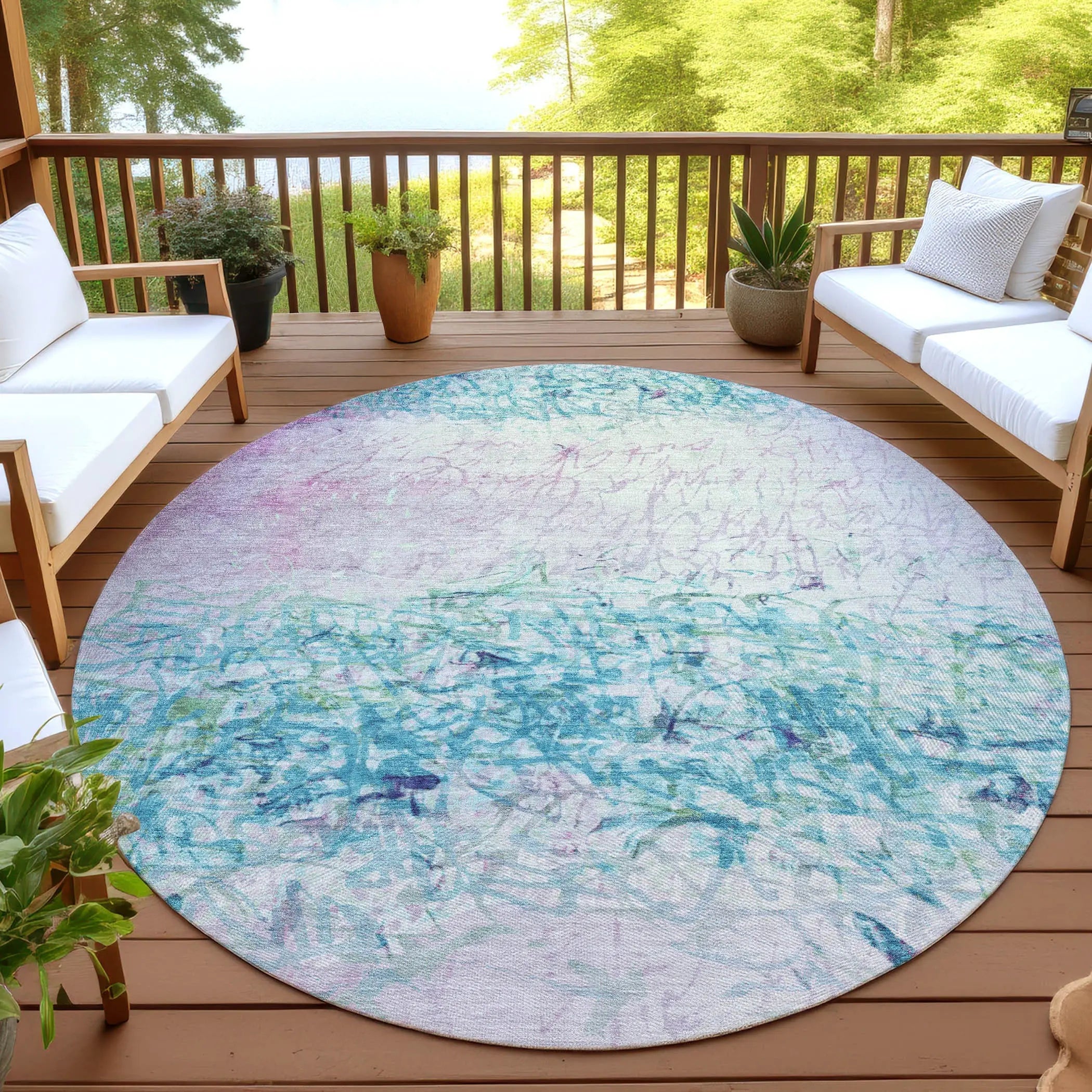 8' Teal Blue And Aqua Round Abstract Washable Indoor Outdoor Area Rug Homeroots Outdoor