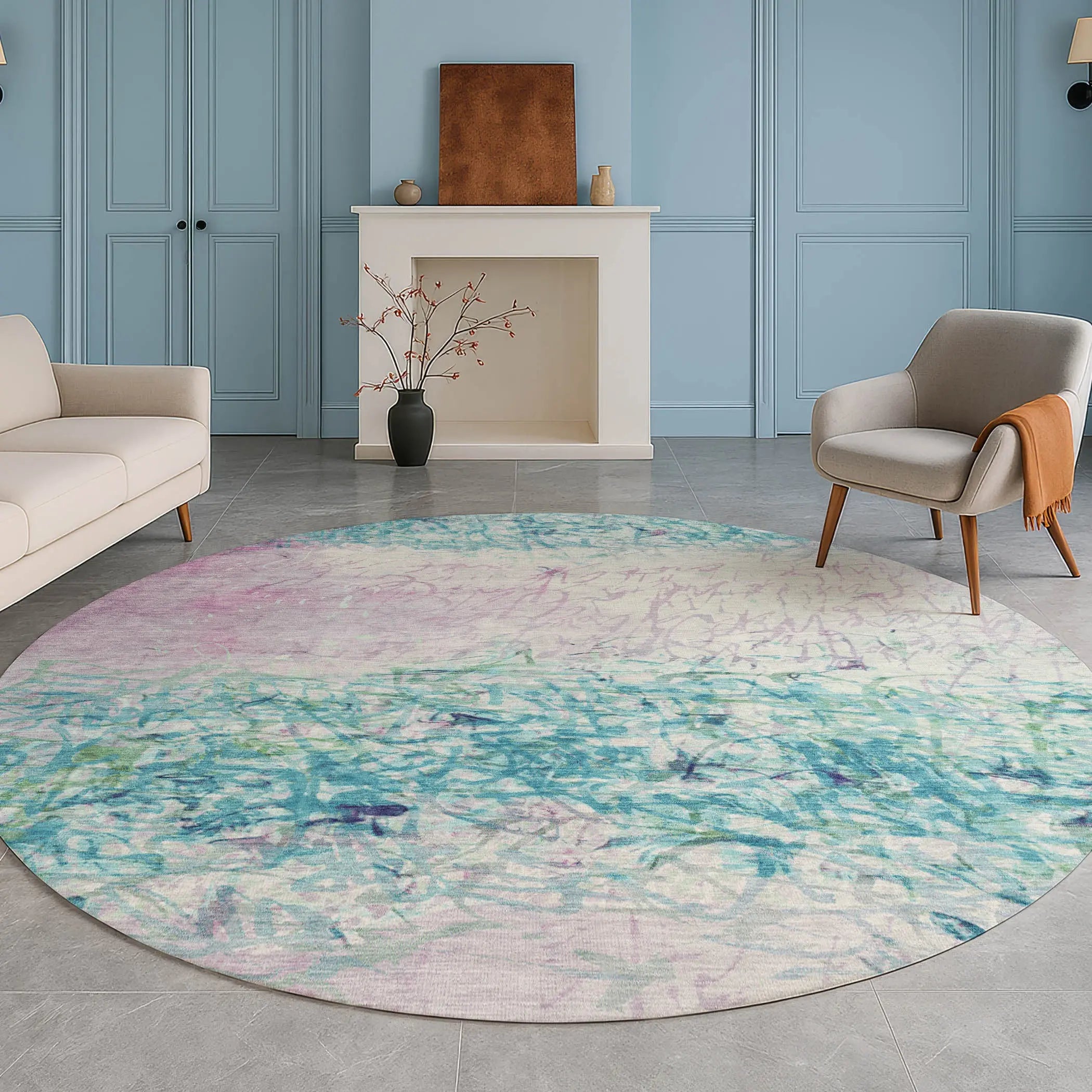8' Teal Blue And Aqua Round Abstract Washable Indoor Outdoor Area Rug Homeroots Outdoor
