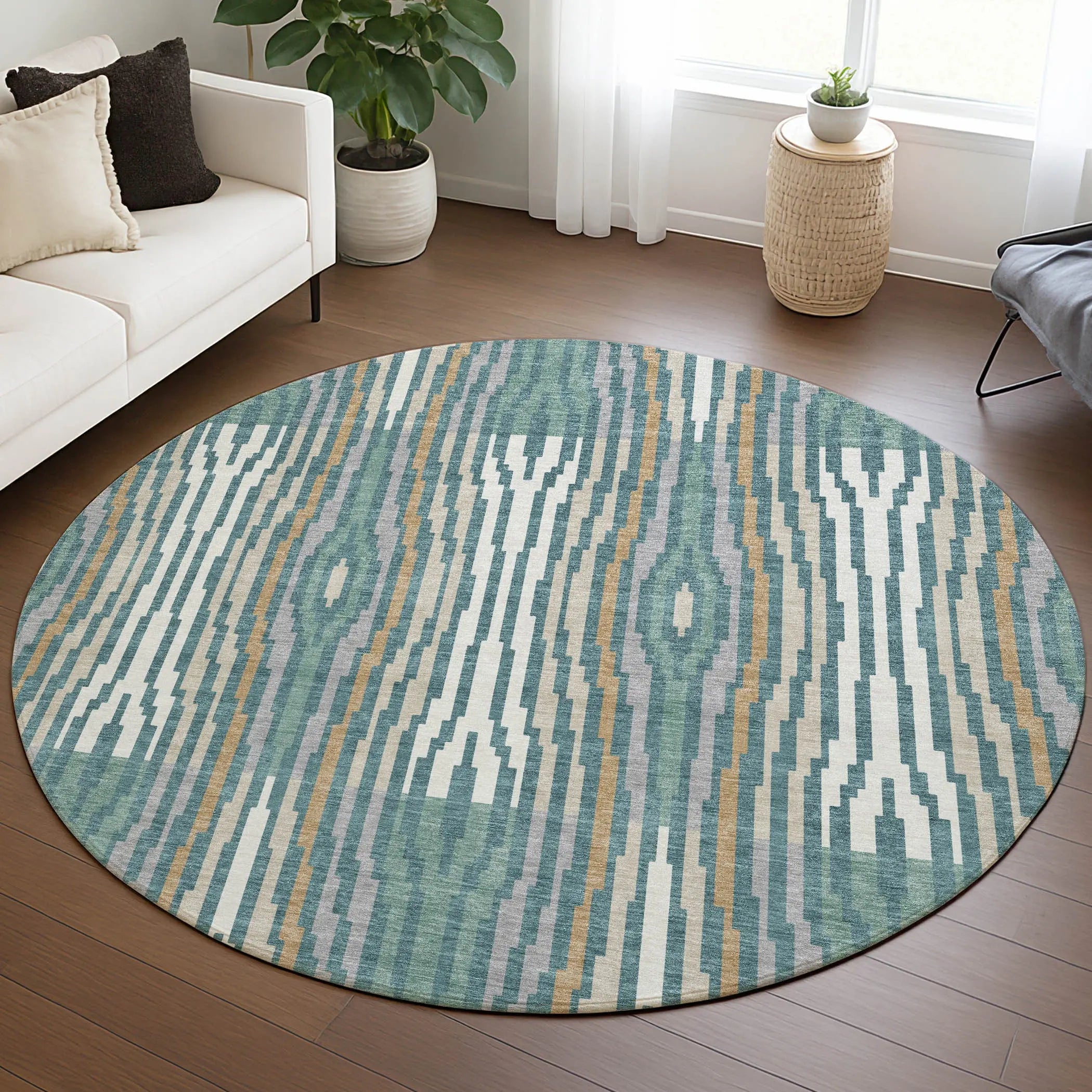 8' Teal Blue And Aqua Round Abstract Washable Indoor Outdoor Area Rug Homeroots Outdoor