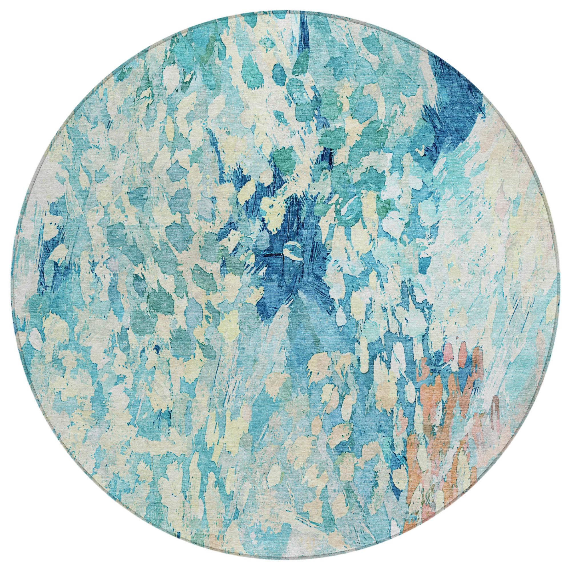 8' Teal Blue And Aqua Round Abstract Washable Indoor Outdoor Area Rug Homeroots Outdoor