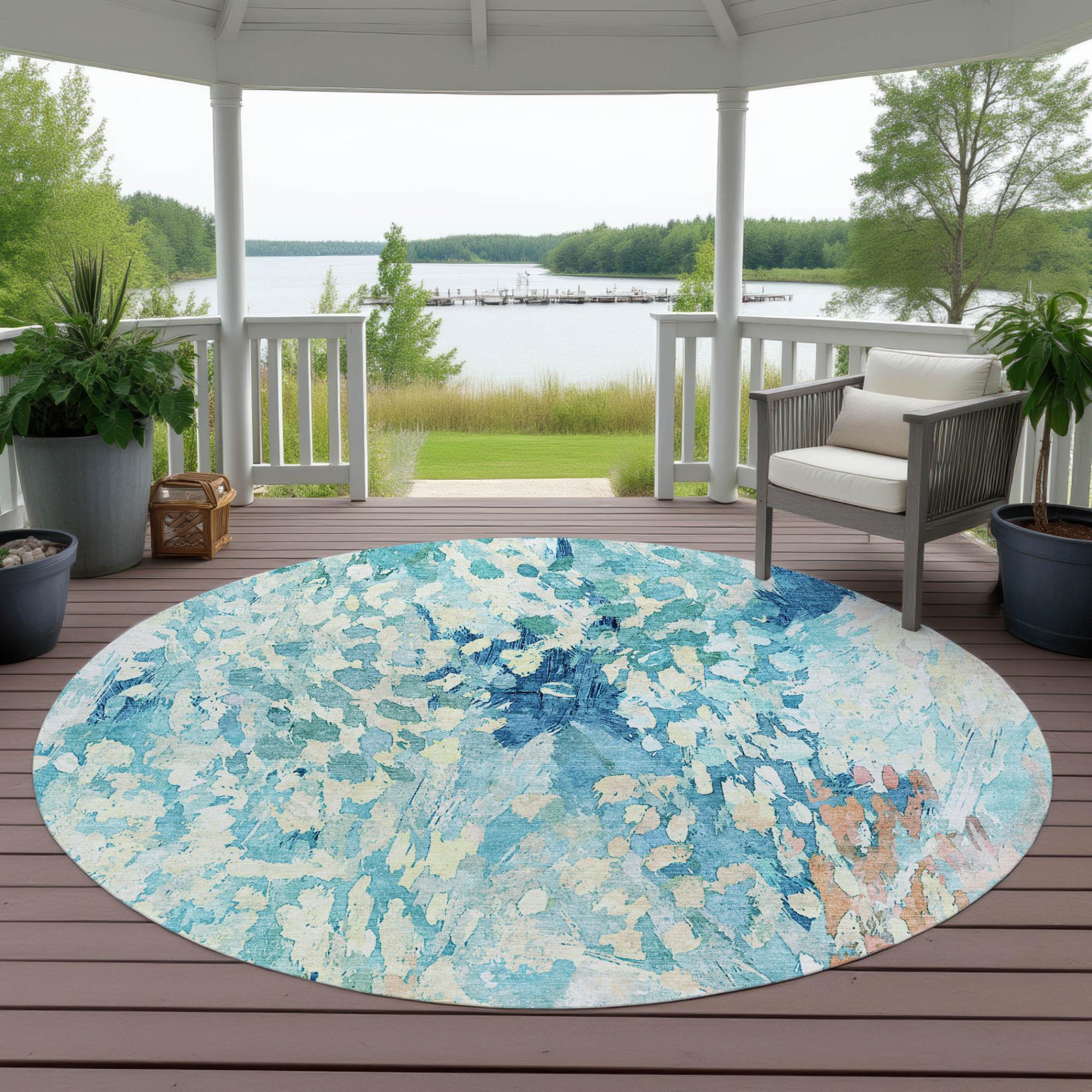 8' Teal Blue And Aqua Round Abstract Washable Indoor Outdoor Area Rug Homeroots Outdoor