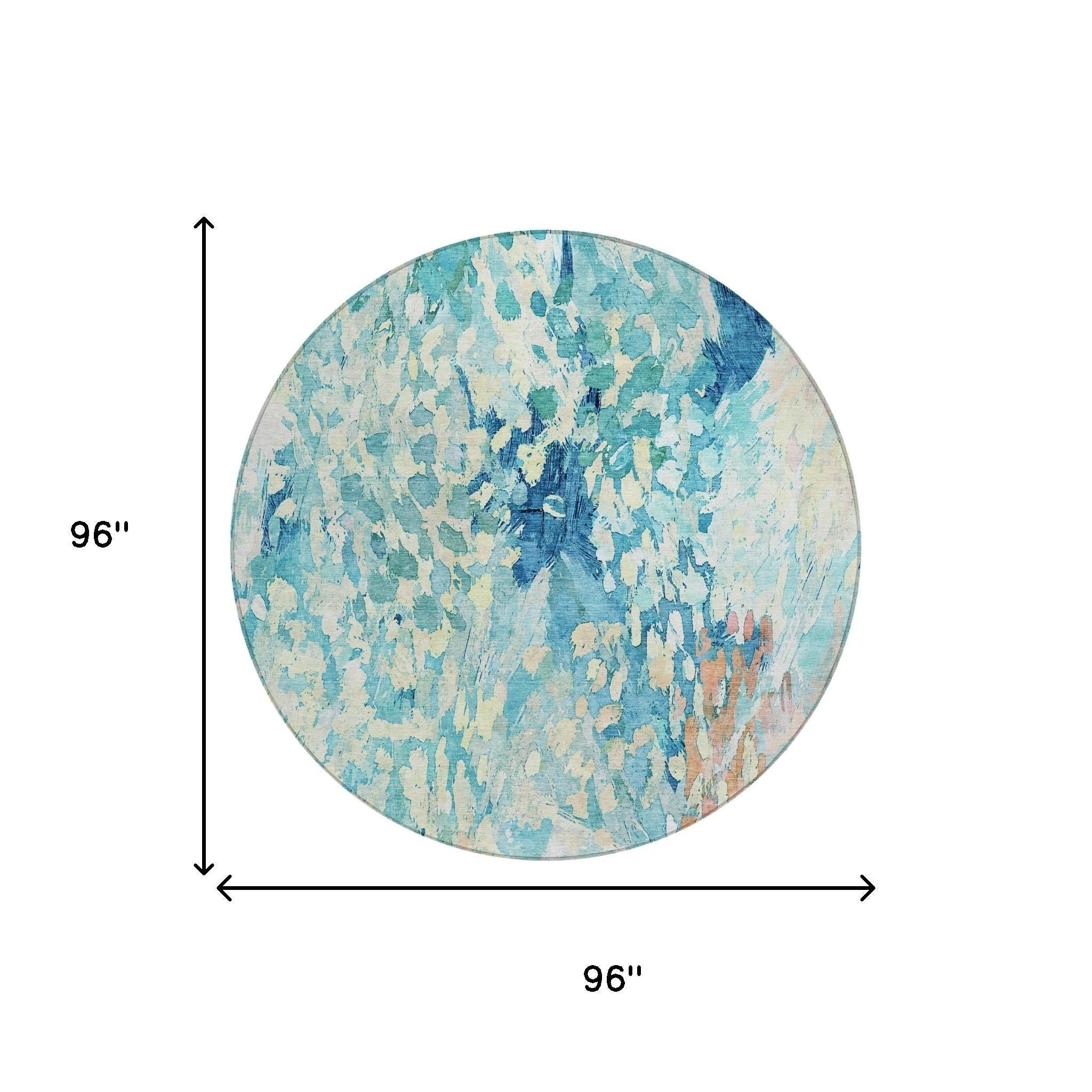 8' Teal Blue And Aqua Round Abstract Washable Indoor Outdoor Area Rug Homeroots Outdoor