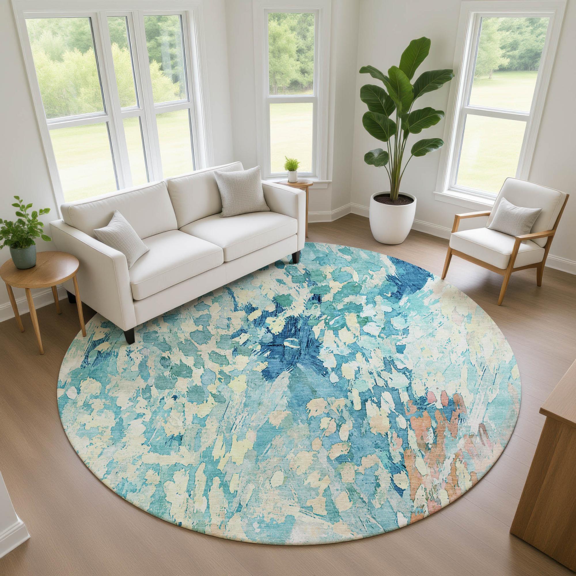 8' Teal Blue And Aqua Round Abstract Washable Indoor Outdoor Area Rug Homeroots Outdoor