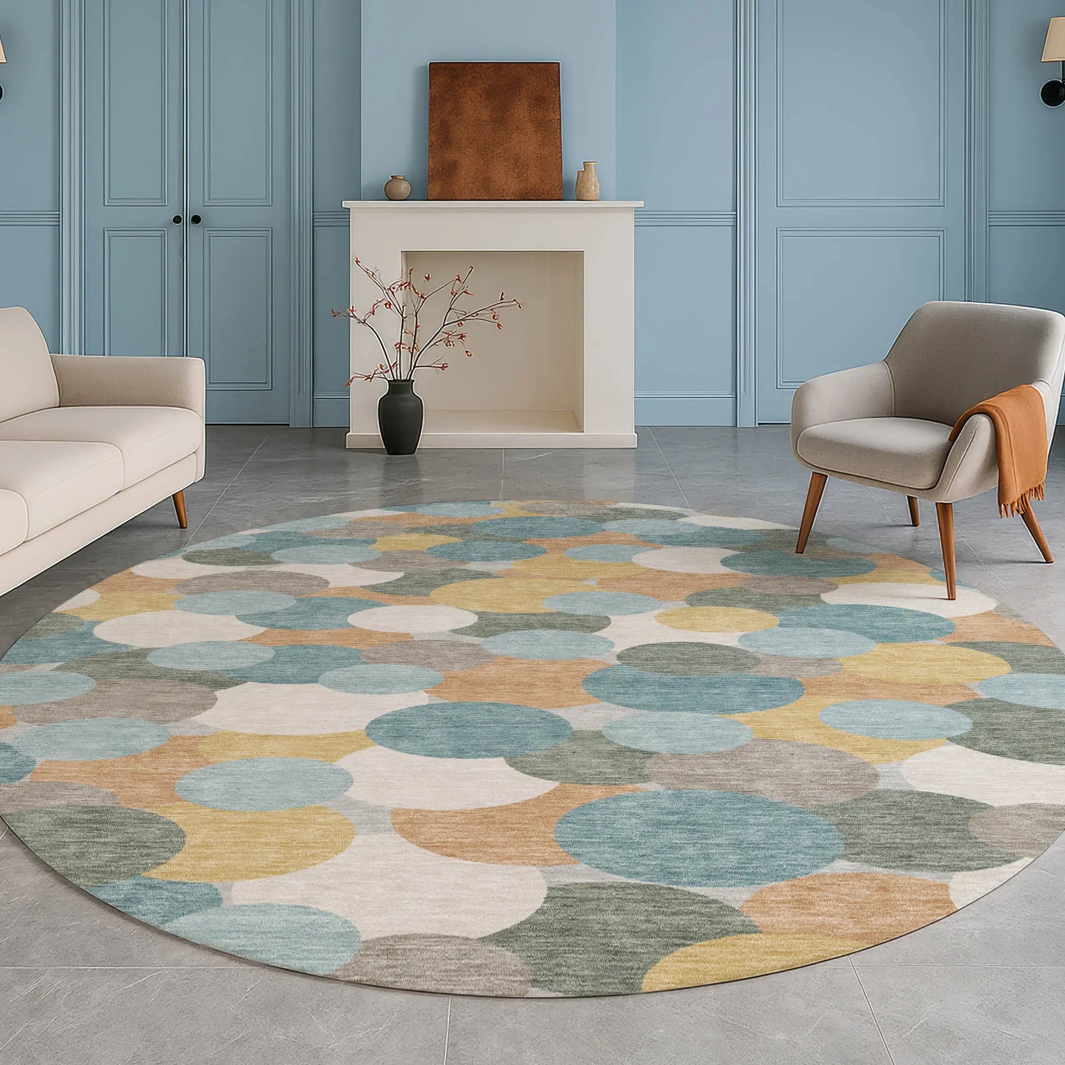 8' Teal Blue And Aqua Round Geometric Washable Indoor Outdoor Area Rug Homeroots Outdoor