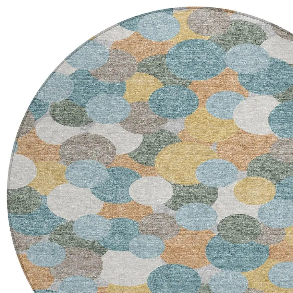8' Teal Blue And Aqua Round Geometric Washable Indoor Outdoor Area Rug Homeroots Outdoor