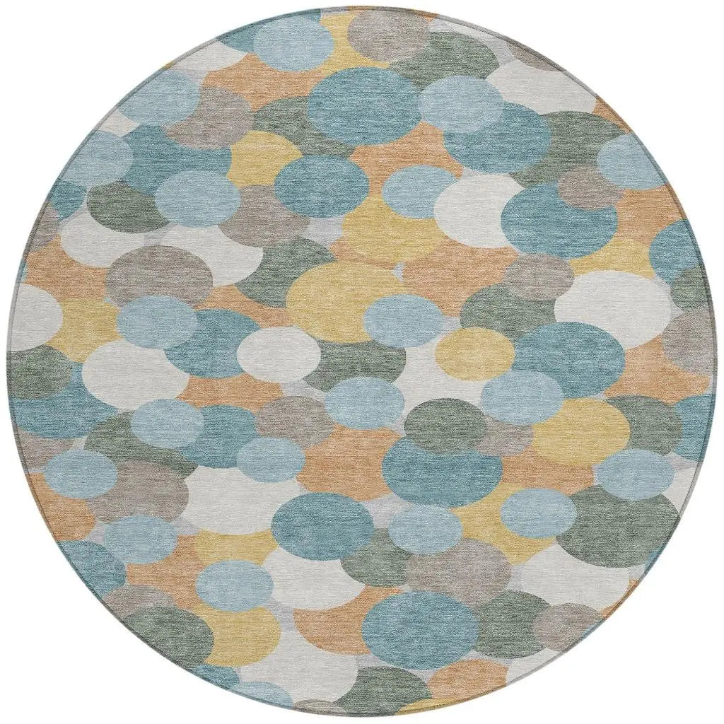 8' Teal Blue And Aqua Round Geometric Washable Indoor Outdoor Area Rug Homeroots Outdoor