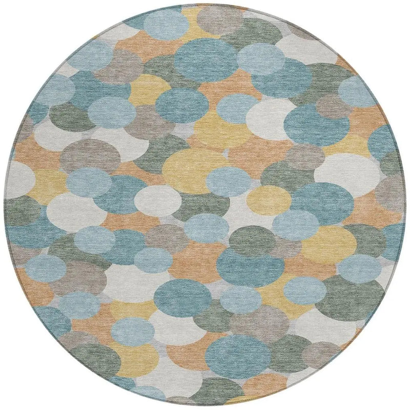 8' Teal Blue And Aqua Round Geometric Washable Indoor Outdoor Area Rug Homeroots Outdoor