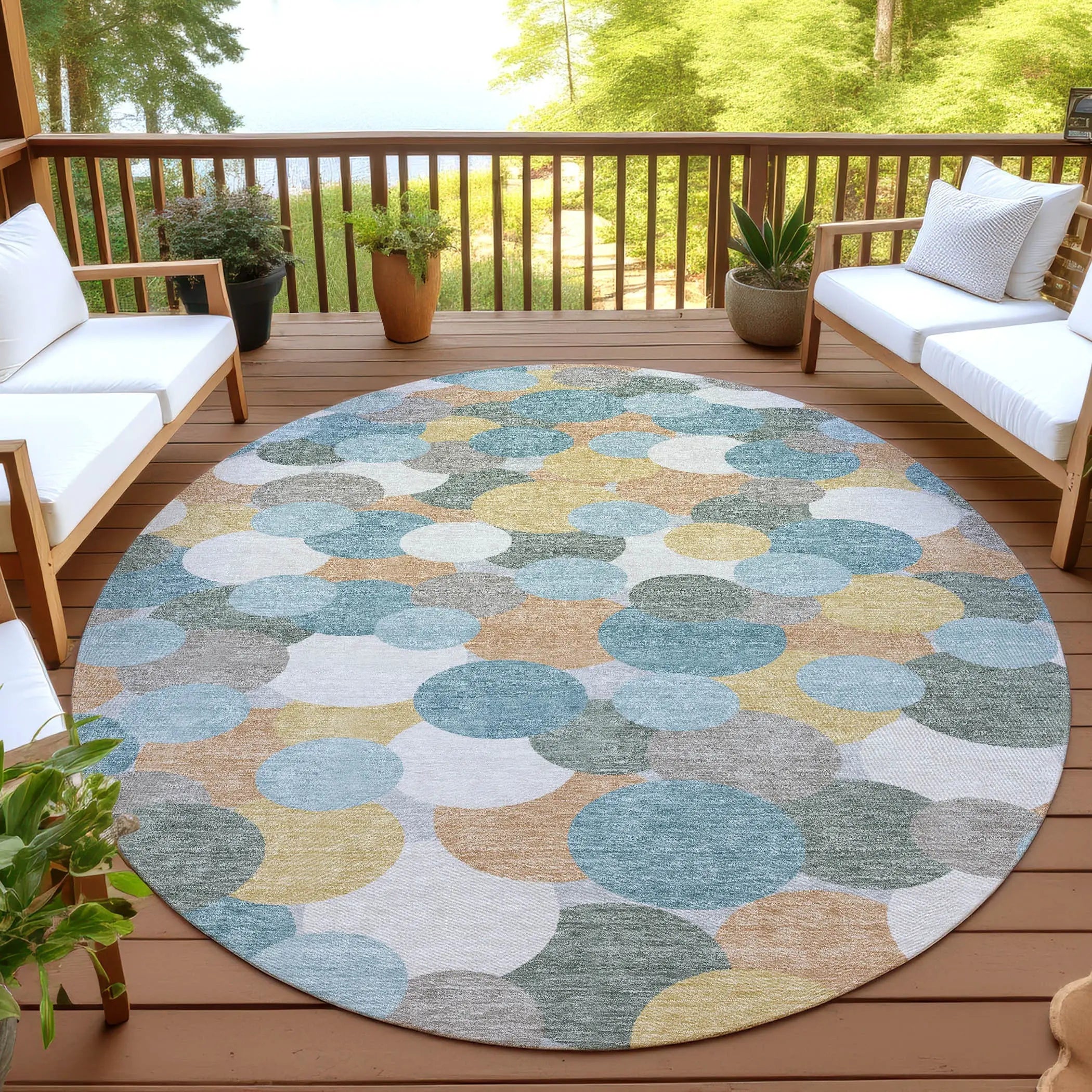 8' Teal Blue And Aqua Round Geometric Washable Indoor Outdoor Area Rug Homeroots Outdoor