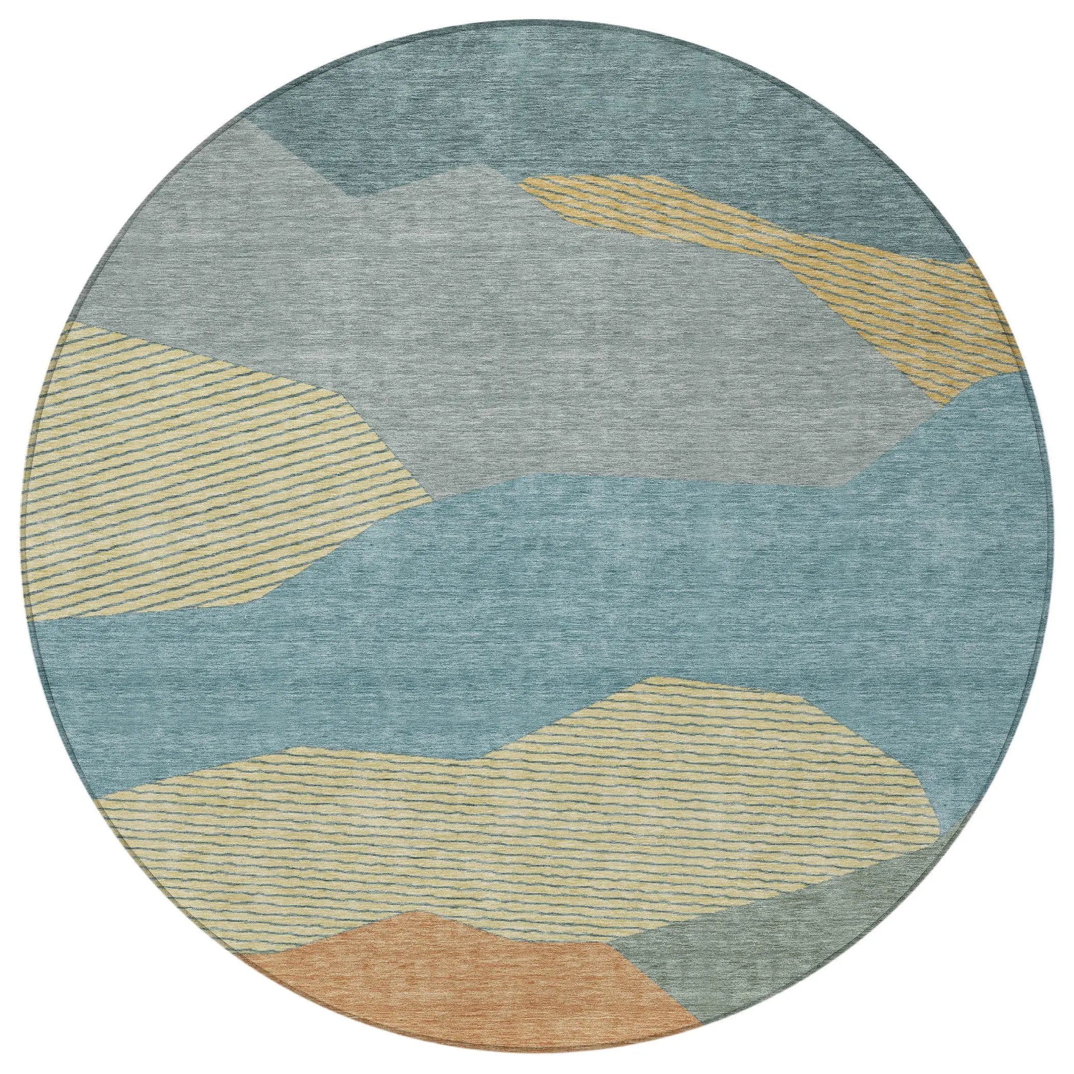8' Teal Blue And Aqua Round Geometric Washable Indoor Outdoor Area Rug Homeroots Outdoor