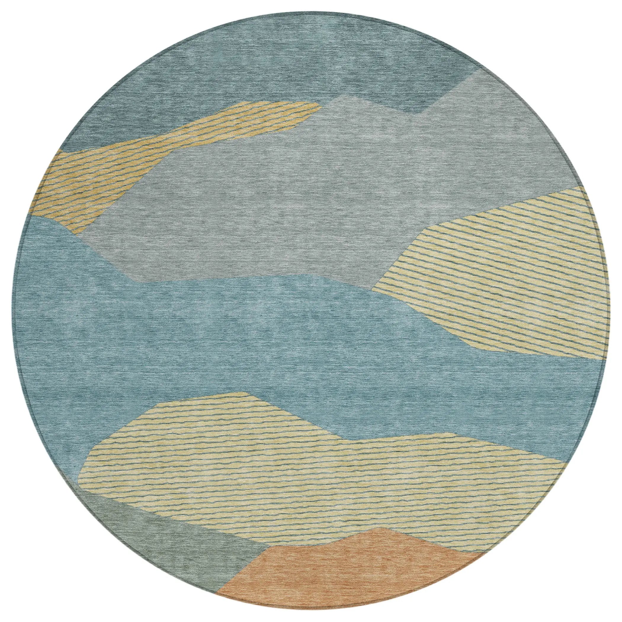 8' Teal Blue And Aqua Round Geometric Washable Indoor Outdoor Area Rug Homeroots Outdoor