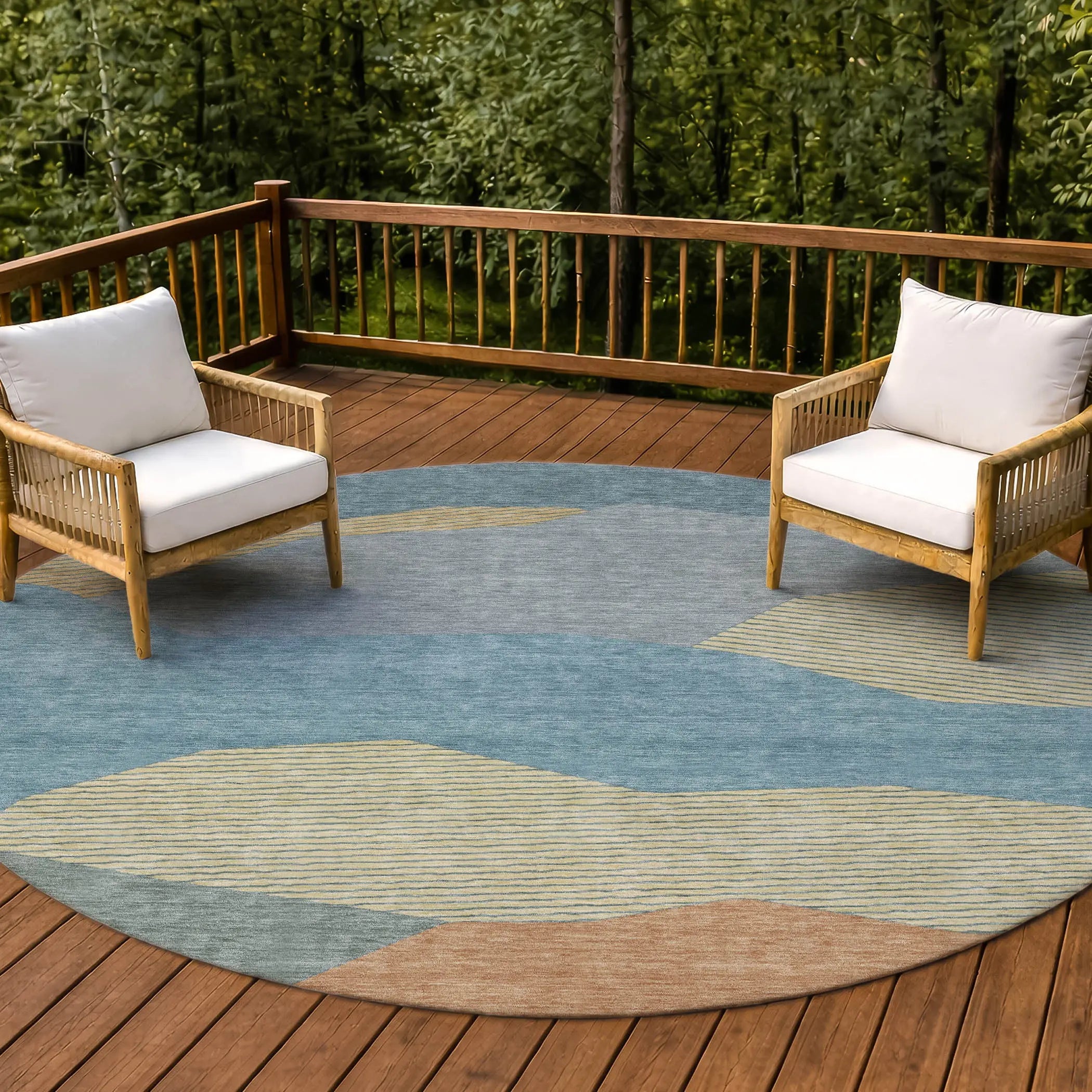 8' Teal Blue And Aqua Round Geometric Washable Indoor Outdoor Area Rug Homeroots Outdoor