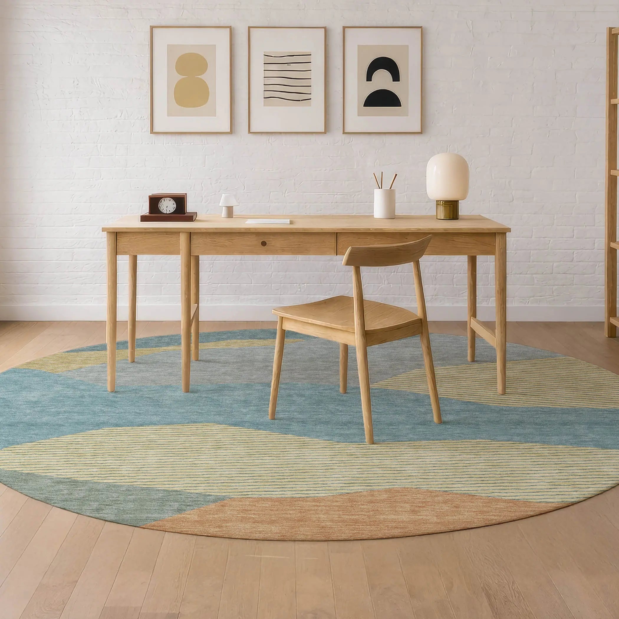 8' Teal Blue And Aqua Round Geometric Washable Indoor Outdoor Area Rug Homeroots Outdoor