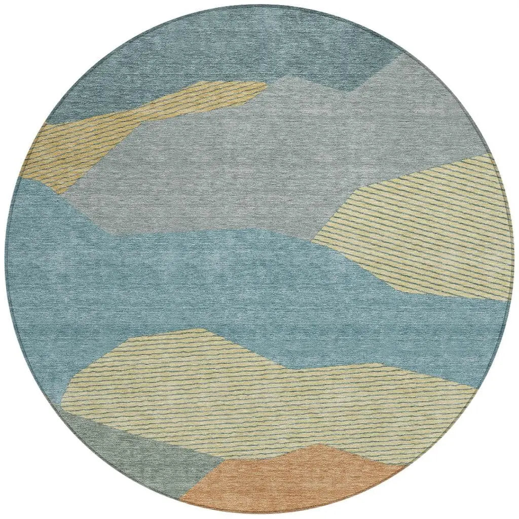 8' Teal Blue And Aqua Round Geometric Washable Indoor Outdoor Area Rug Homeroots Outdoor