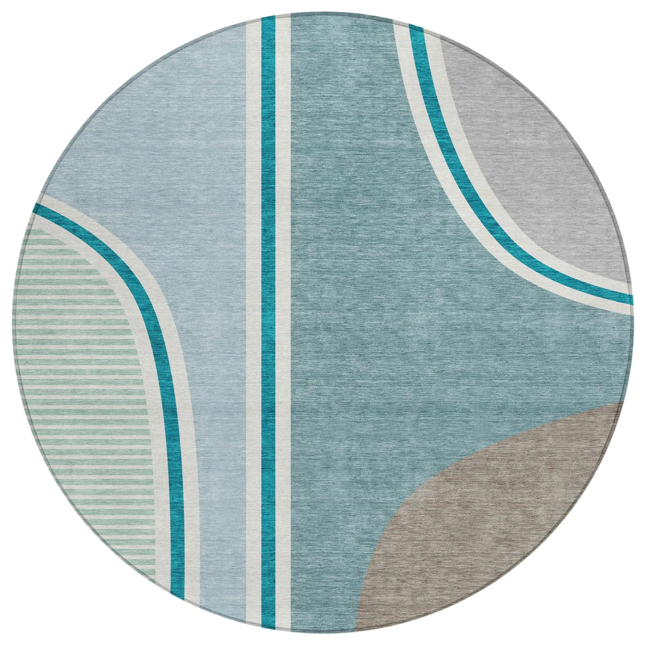 8' Teal Blue And Aqua Round Geometric Washable Indoor Outdoor Area Rug Homeroots Outdoor