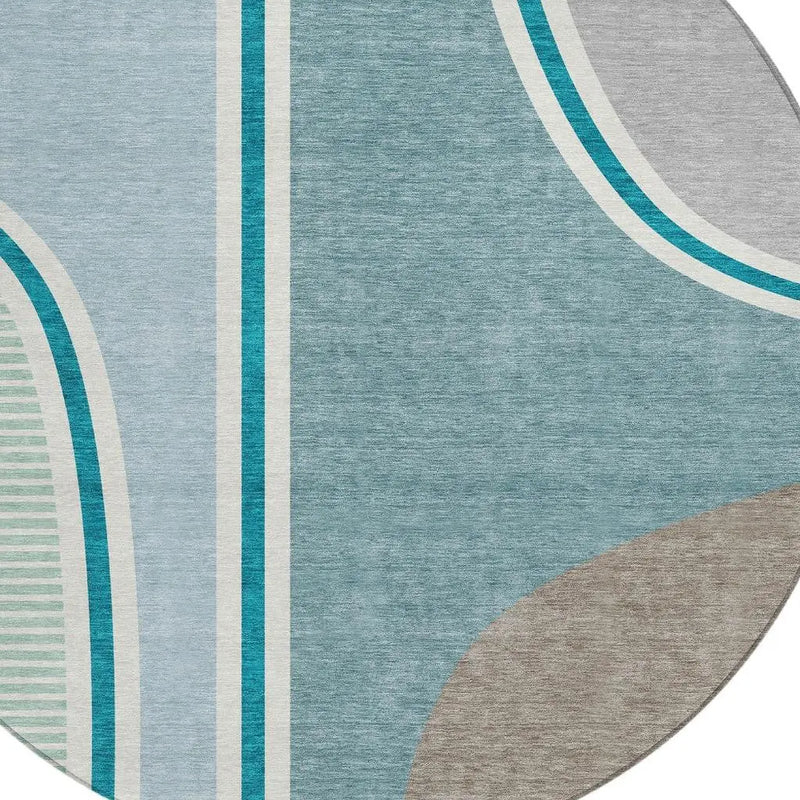 8' Teal Blue And Aqua Round Geometric Washable Indoor Outdoor Area Rug Homeroots Outdoor