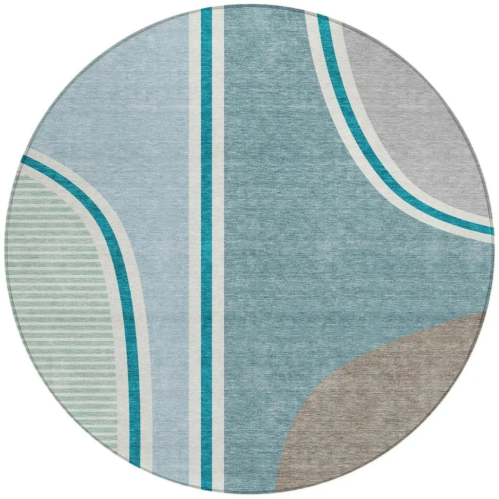 8' Teal Blue And Aqua Round Geometric Washable Indoor Outdoor Area Rug Homeroots Outdoor