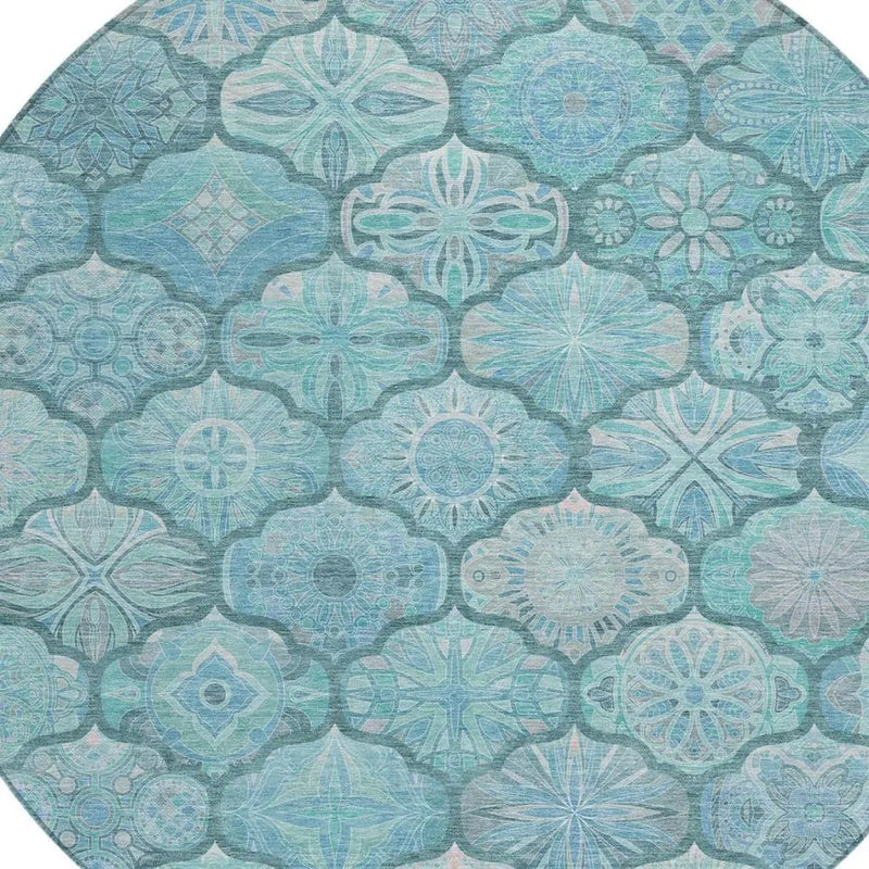 8' Teal Blue And Aqua Round Ogee Washable Indoor Outdoor Area Rug Homeroots Outdoor